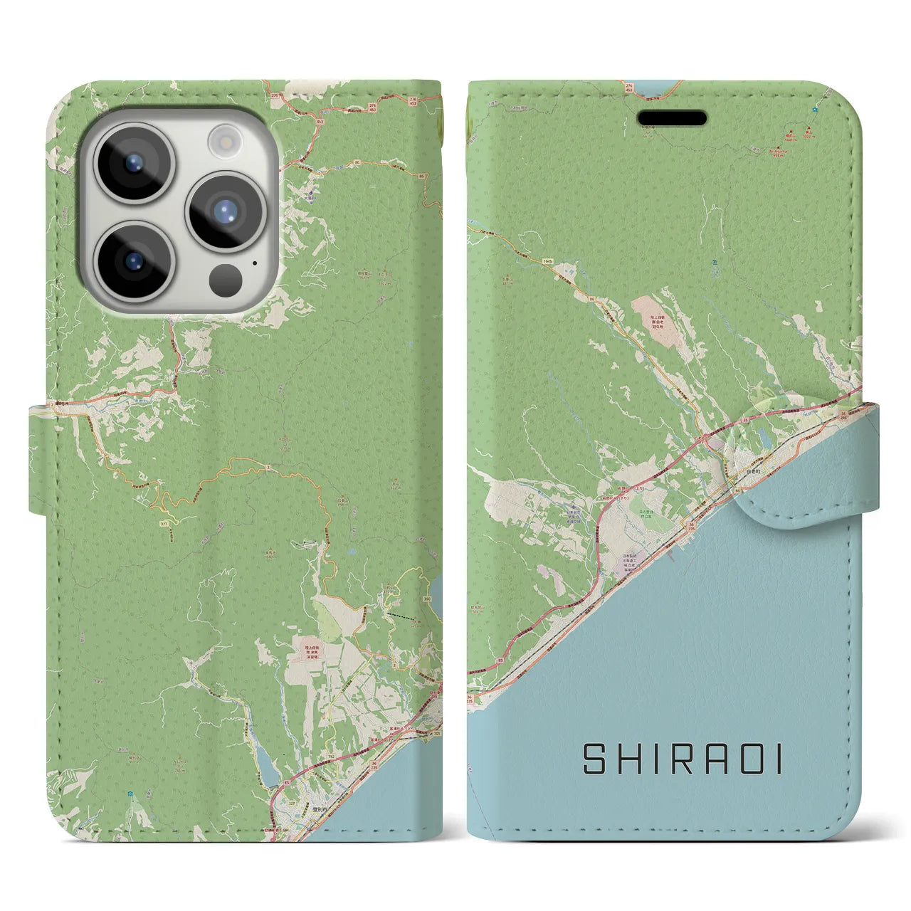 【白老(北海道)】地図柄iPhoneケース(手帳タイプ)ナチュラル・iPhone 15 Pro 用