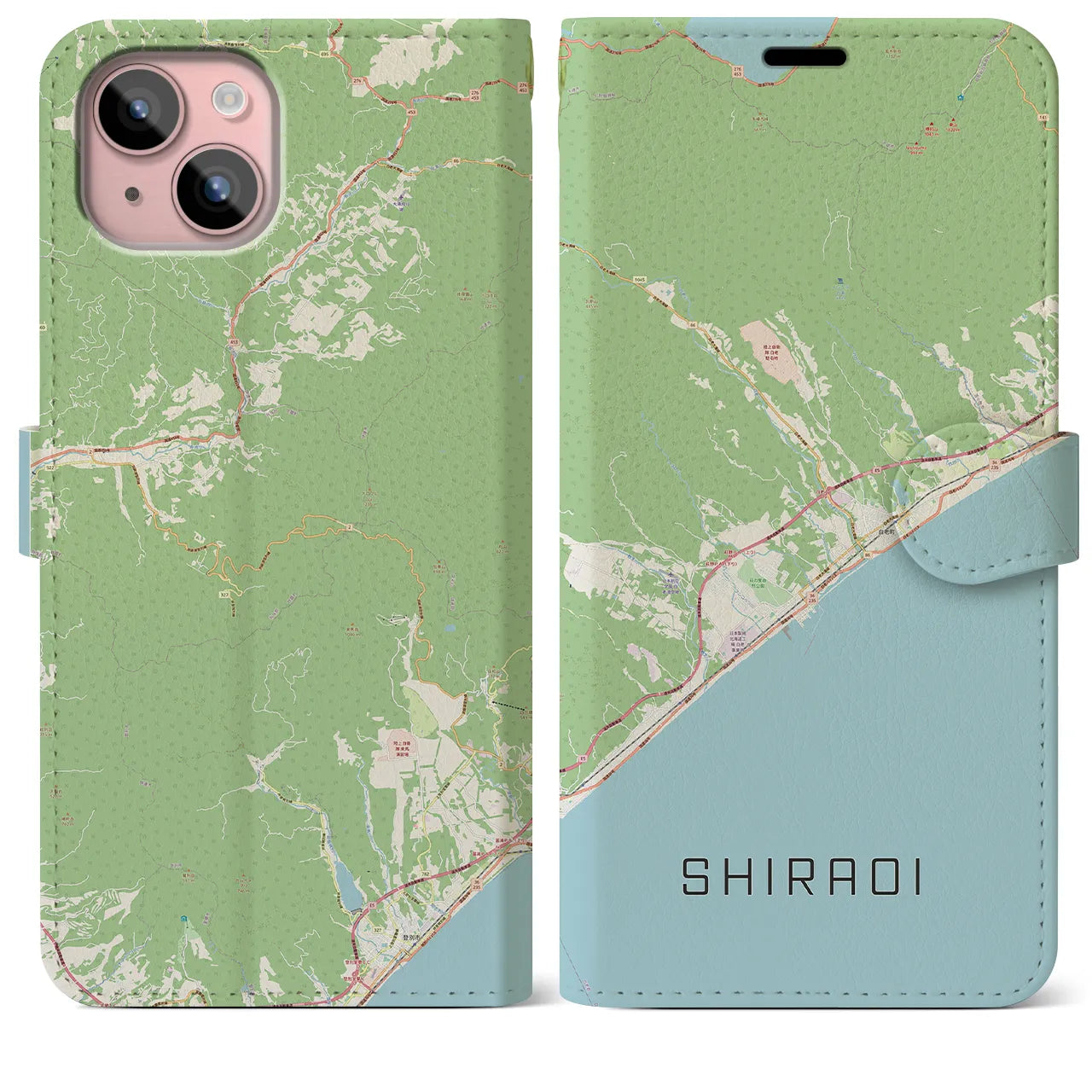 【白老(北海道)】地図柄iPhoneケース(手帳タイプ)ナチュラル・iPhone 15 Plus 用