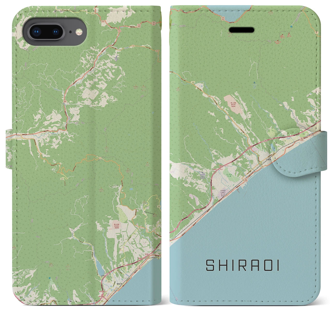 【白老(北海道)】地図柄iPhoneケース(手帳タイプ)ナチュラル・iPhone 8Plus /7Plus / 6sPlus / 6Plus 用