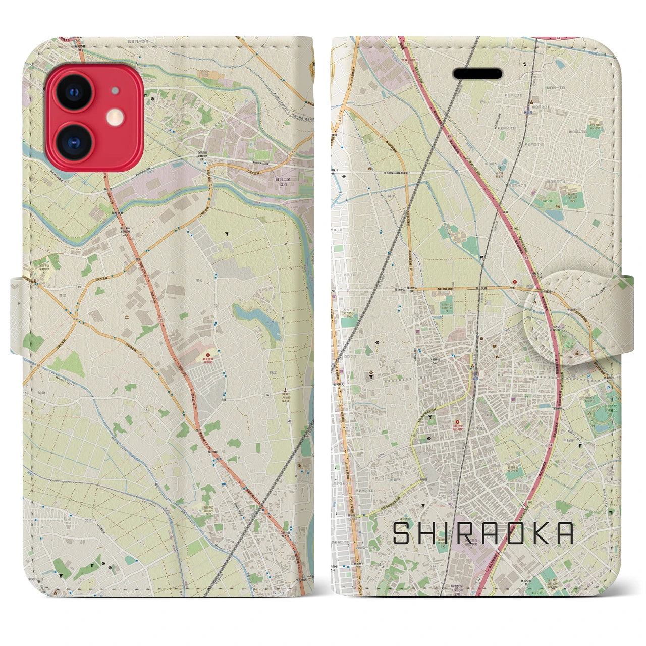【白岡(埼玉県)】地図柄iPhoneケース(手帳タイプ)ナチュラル・iPhone 11 用