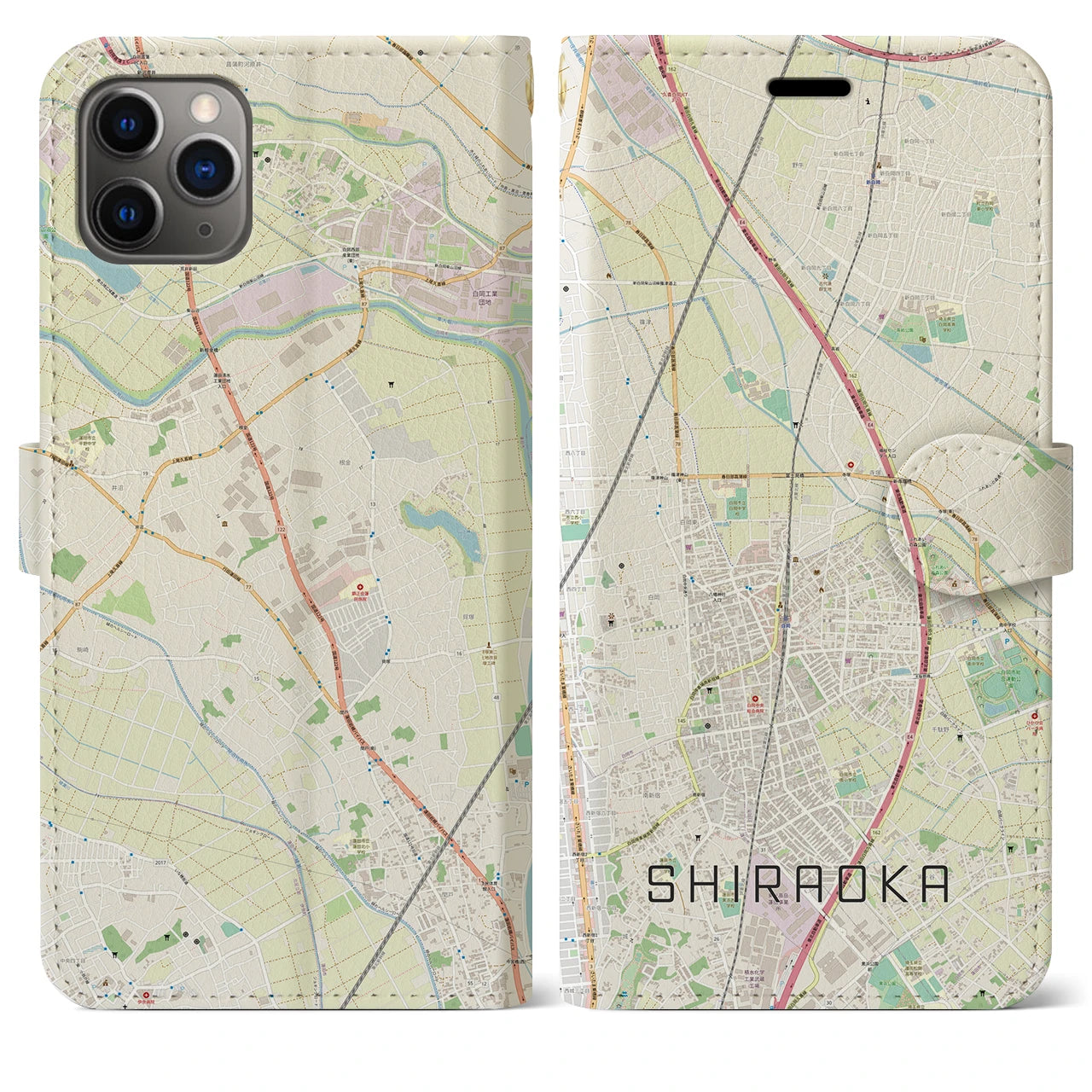 【白岡(埼玉県)】地図柄iPhoneケース(手帳タイプ)ナチュラル・iPhone 11 Pro Max 用