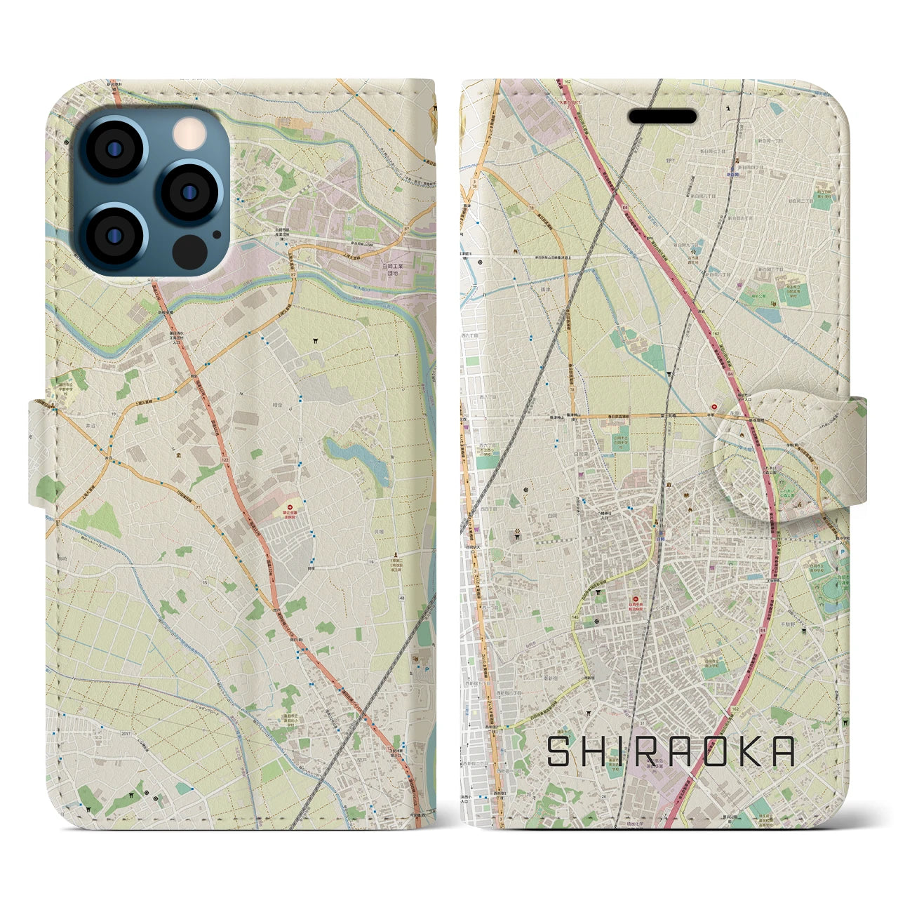 【白岡(埼玉県)】地図柄iPhoneケース(手帳タイプ)ナチュラル・iPhone 12 / 12 Pro 用