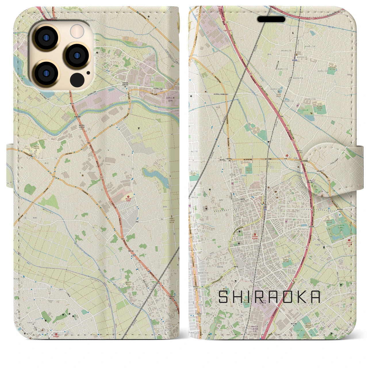 【白岡(埼玉県)】地図柄iPhoneケース(手帳タイプ)ナチュラル・iPhone 12 Pro Max 用