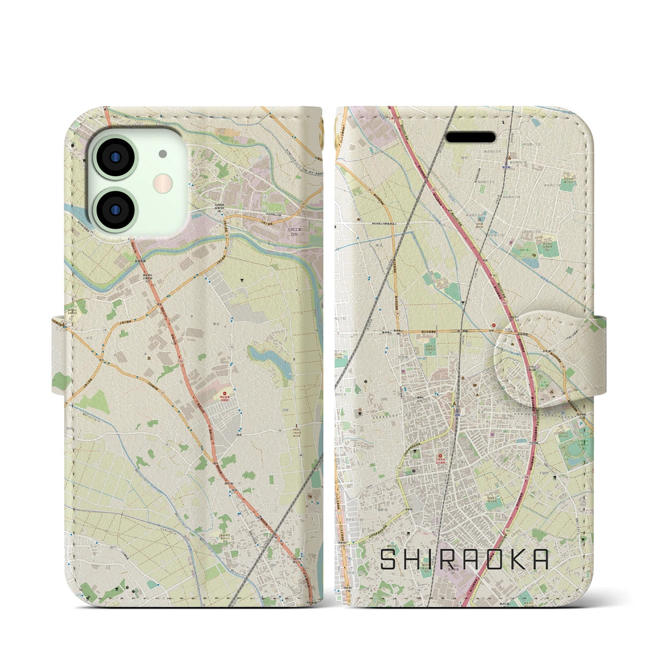 【白岡(埼玉県)】地図柄iPhoneケース(手帳タイプ)ナチュラル・iPhone 12 mini 用