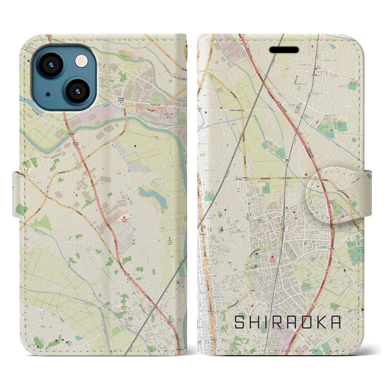 【白岡(埼玉県)】地図柄iPhoneケース(手帳タイプ)ナチュラル・iPhone 13 用