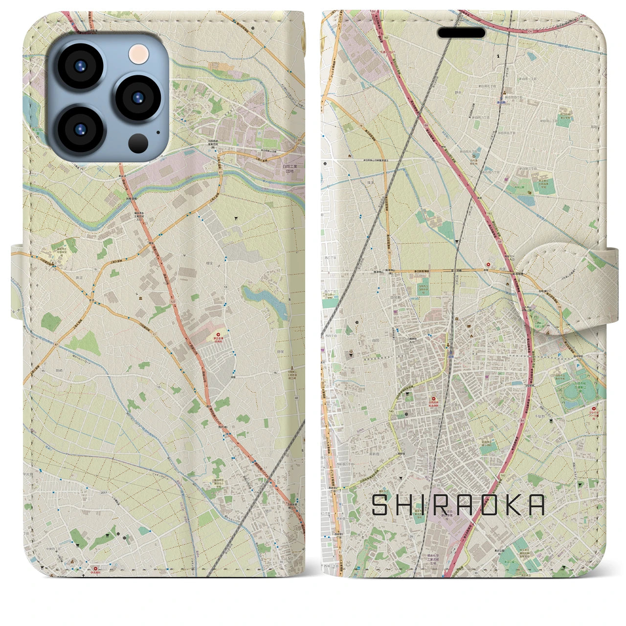 【白岡(埼玉県)】地図柄iPhoneケース(手帳タイプ)ナチュラル・iPhone 13 Pro Max 用