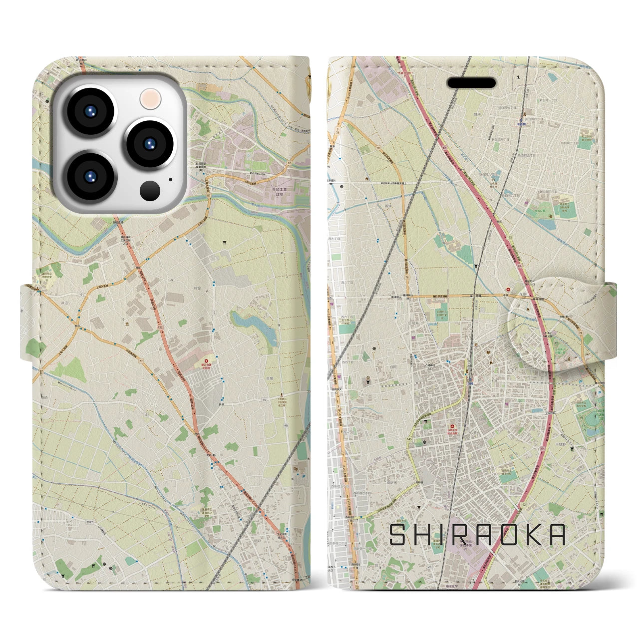 【白岡(埼玉県)】地図柄iPhoneケース(手帳タイプ)ナチュラル・iPhone 13 Pro 用