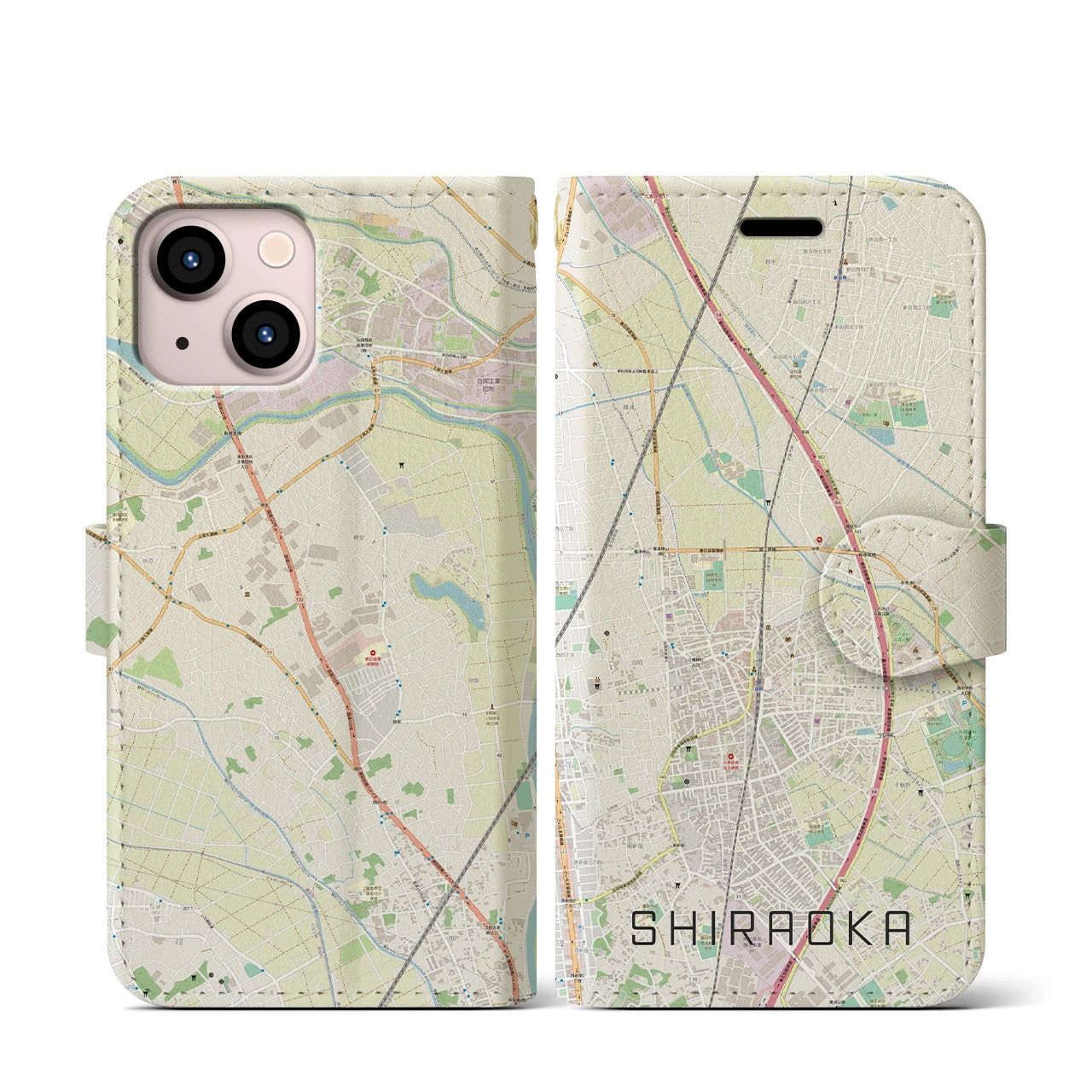 【白岡(埼玉県)】地図柄iPhoneケース(手帳タイプ)ナチュラル・iPhone 13 mini 用
