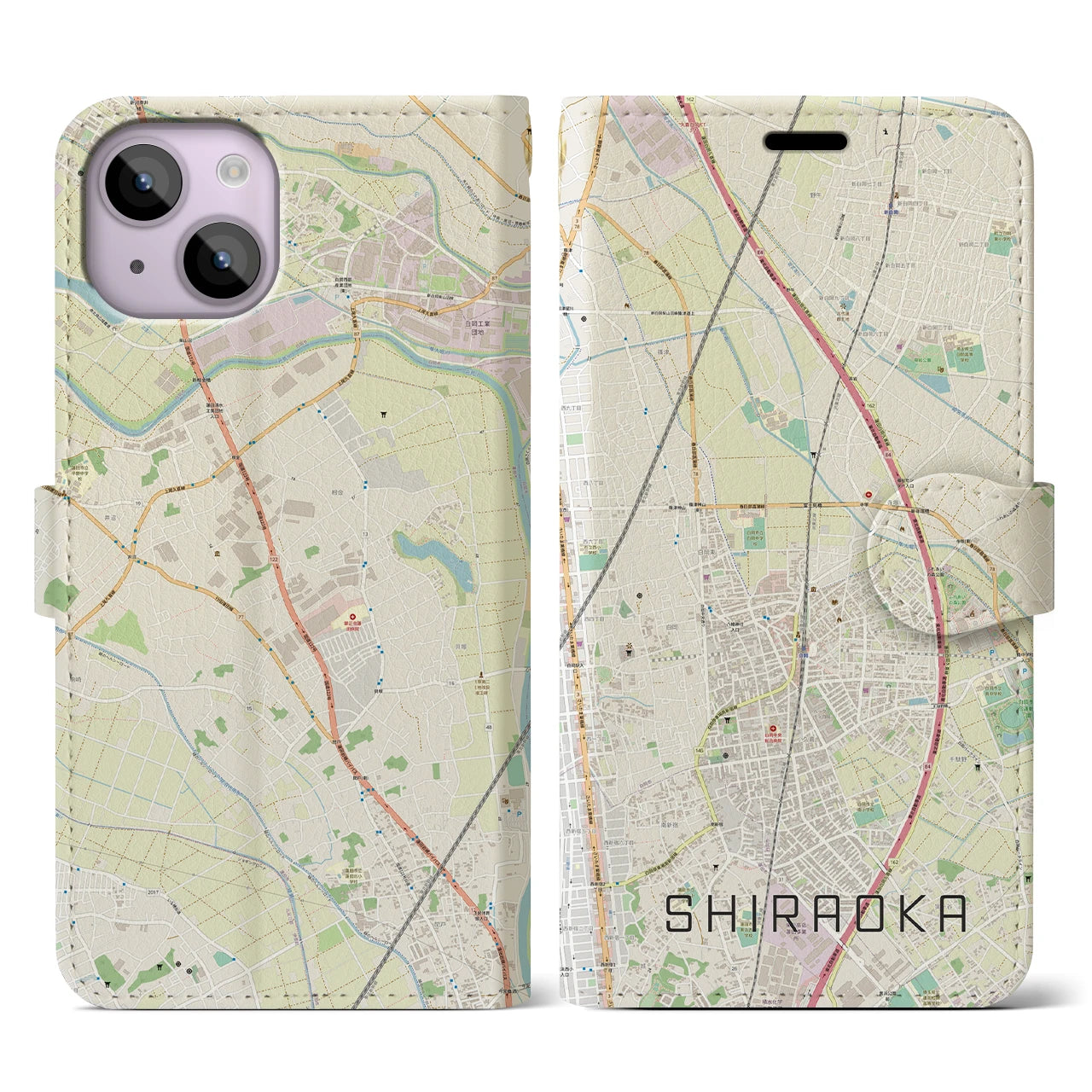 【白岡(埼玉県)】地図柄iPhoneケース(手帳タイプ)ナチュラル・iPhone 14 用