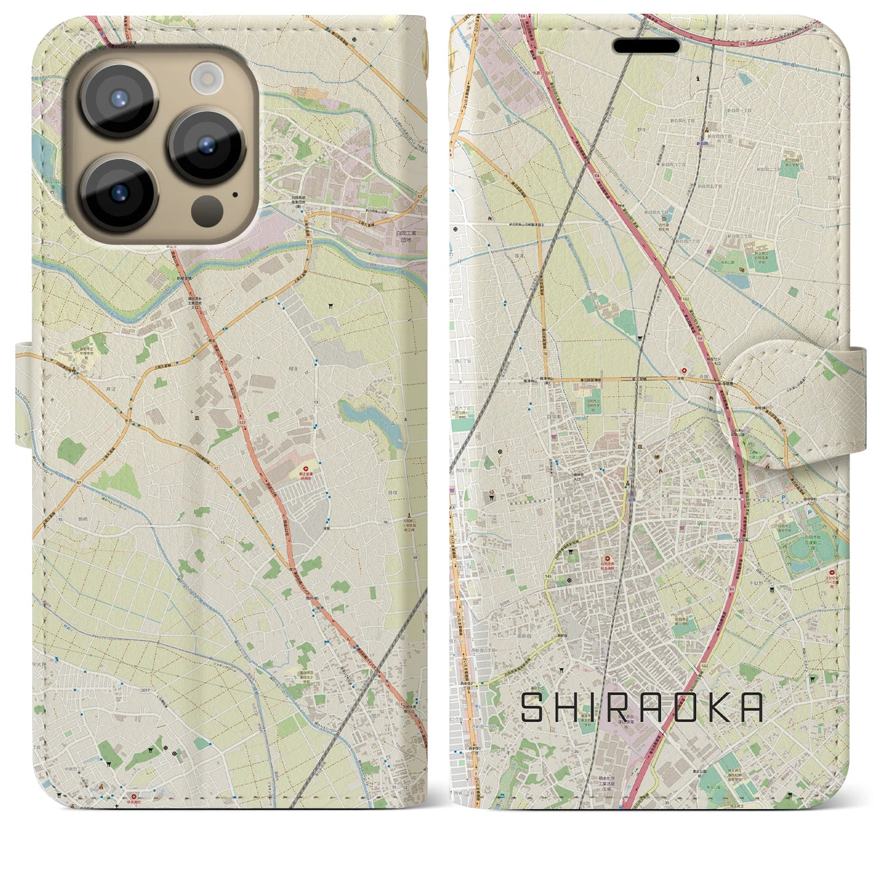 【白岡(埼玉県)】地図柄iPhoneケース(手帳タイプ)ナチュラル・iPhone 14 Pro Max 用