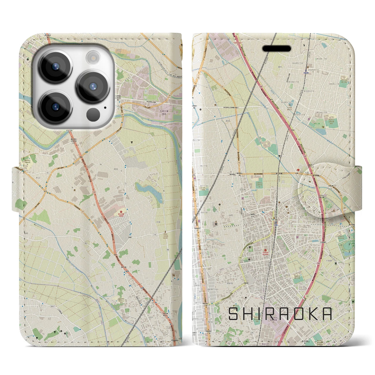 【白岡(埼玉県)】地図柄iPhoneケース(手帳タイプ)ナチュラル・iPhone 14 Pro 用