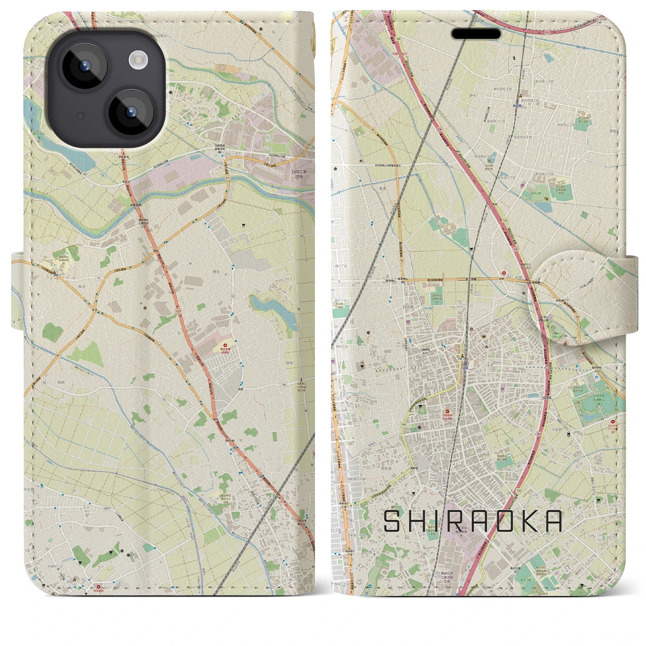 【白岡(埼玉県)】地図柄iPhoneケース(手帳タイプ)ナチュラル・iPhone 14 Plus 用