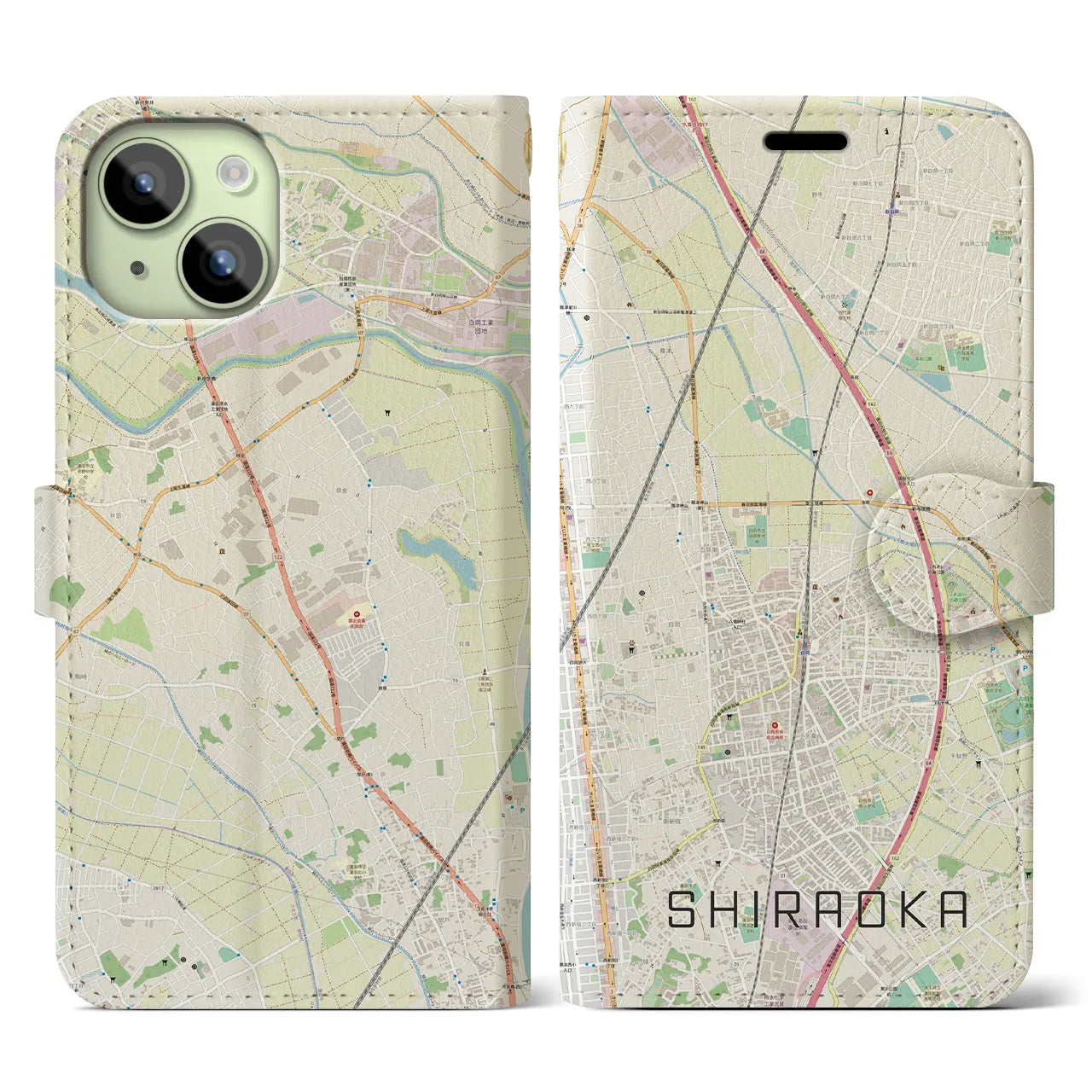 【白岡(埼玉県)】地図柄iPhoneケース(手帳タイプ)ナチュラル・iPhone 15 用