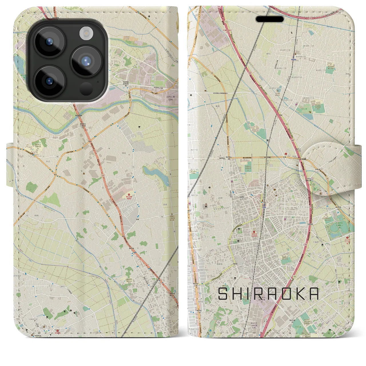 【白岡(埼玉県)】地図柄iPhoneケース(手帳タイプ)ナチュラル・iPhone 15 Pro Max 用