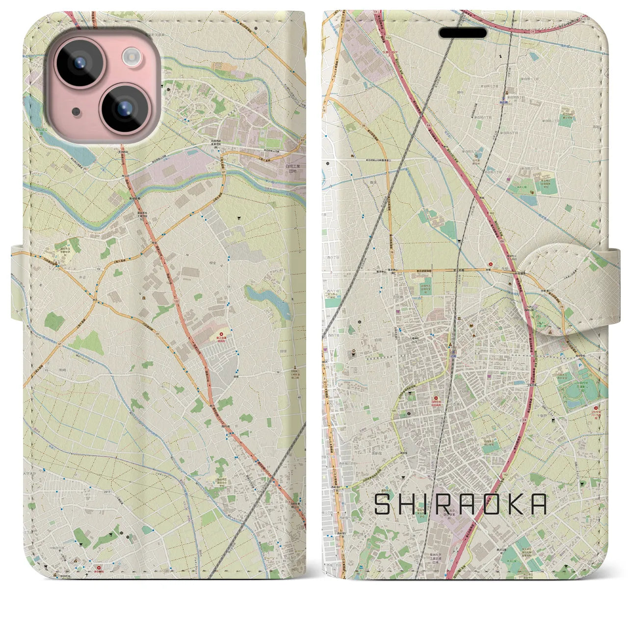 【白岡(埼玉県)】地図柄iPhoneケース(手帳タイプ)ナチュラル・iPhone 15 Plus 用