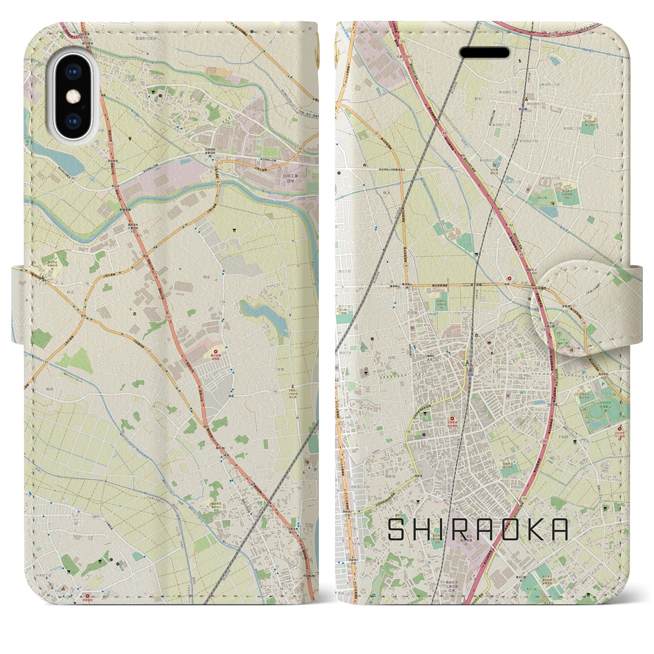 【白岡(埼玉県)】地図柄iPhoneケース(手帳タイプ)ナチュラル・iPhone XS Max 用