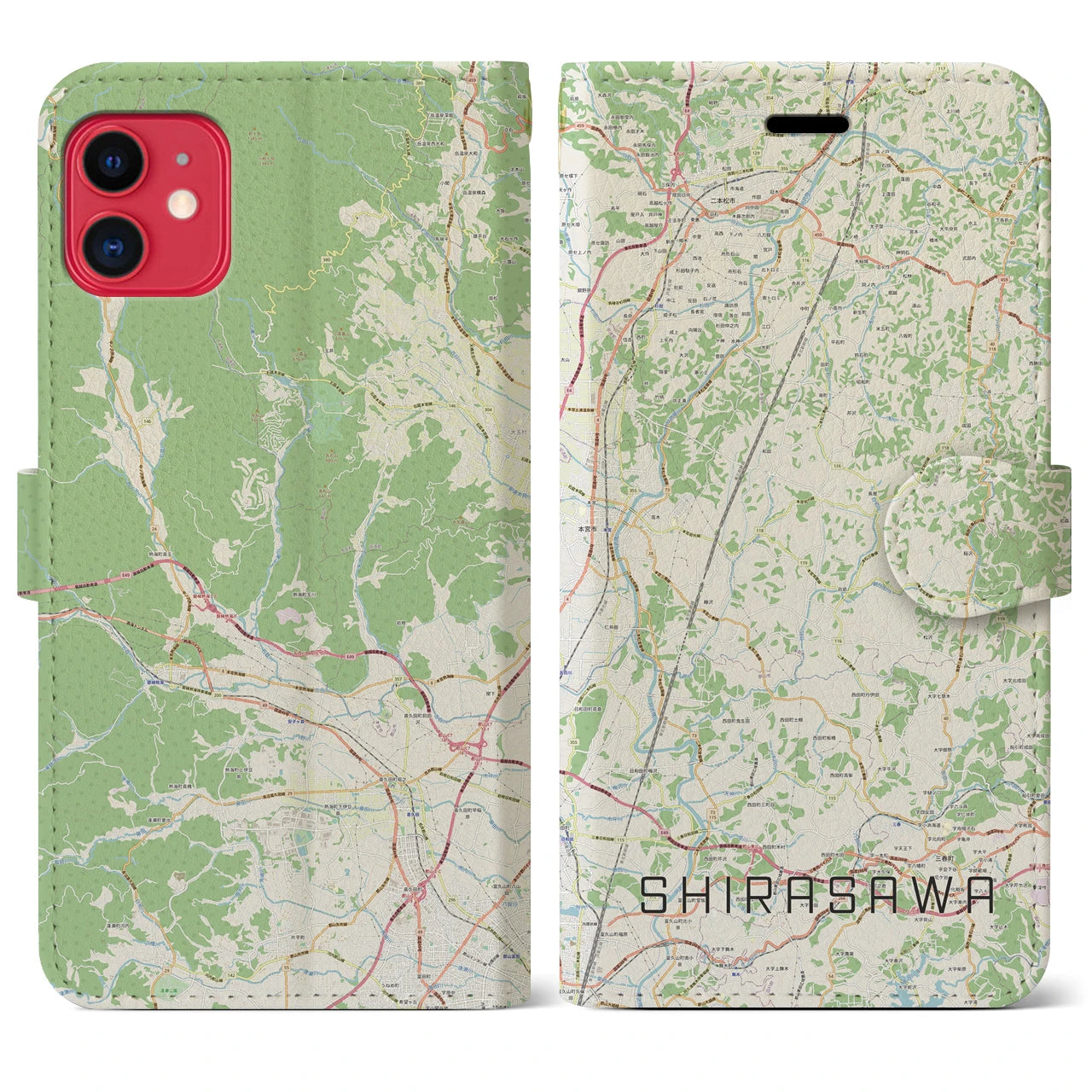 【白沢(福島県)】地図柄iPhoneケース(手帳タイプ)ナチュラル・iPhone 11 用