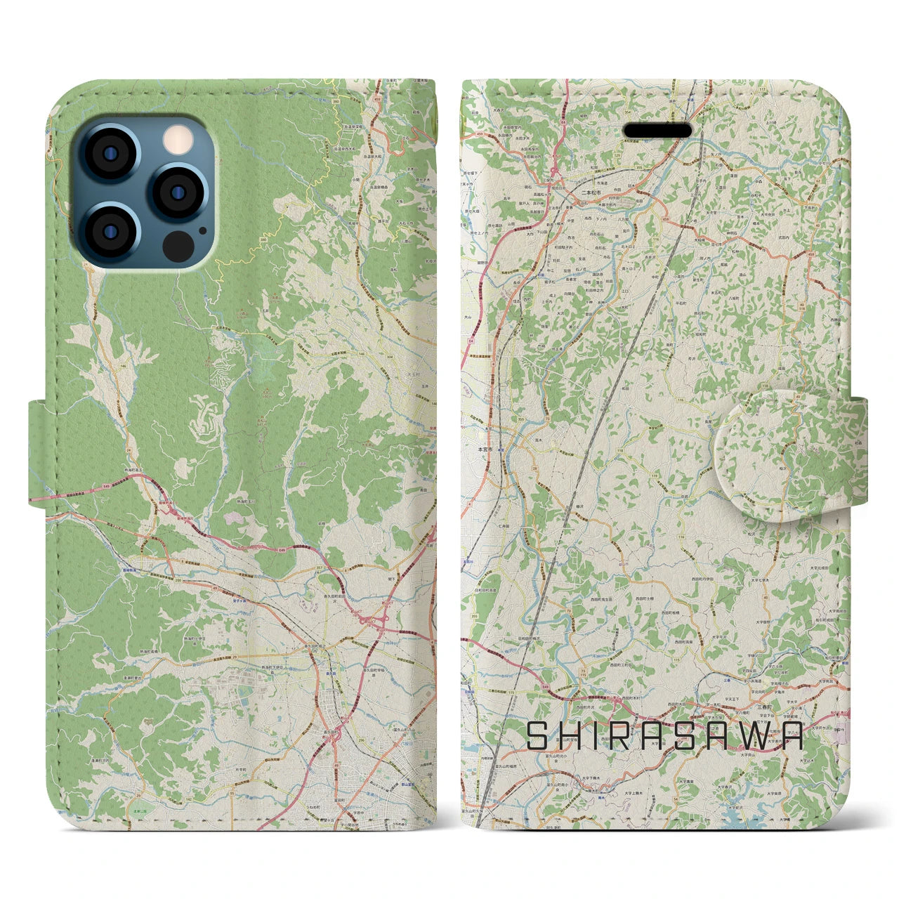 【白沢(福島県)】地図柄iPhoneケース(手帳タイプ)ナチュラル・iPhone 12 / 12 Pro 用