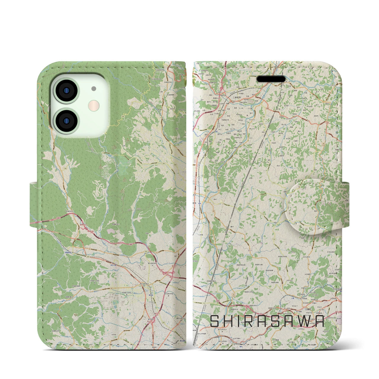 【白沢(福島県)】地図柄iPhoneケース(手帳タイプ)ナチュラル・iPhone 12 mini 用