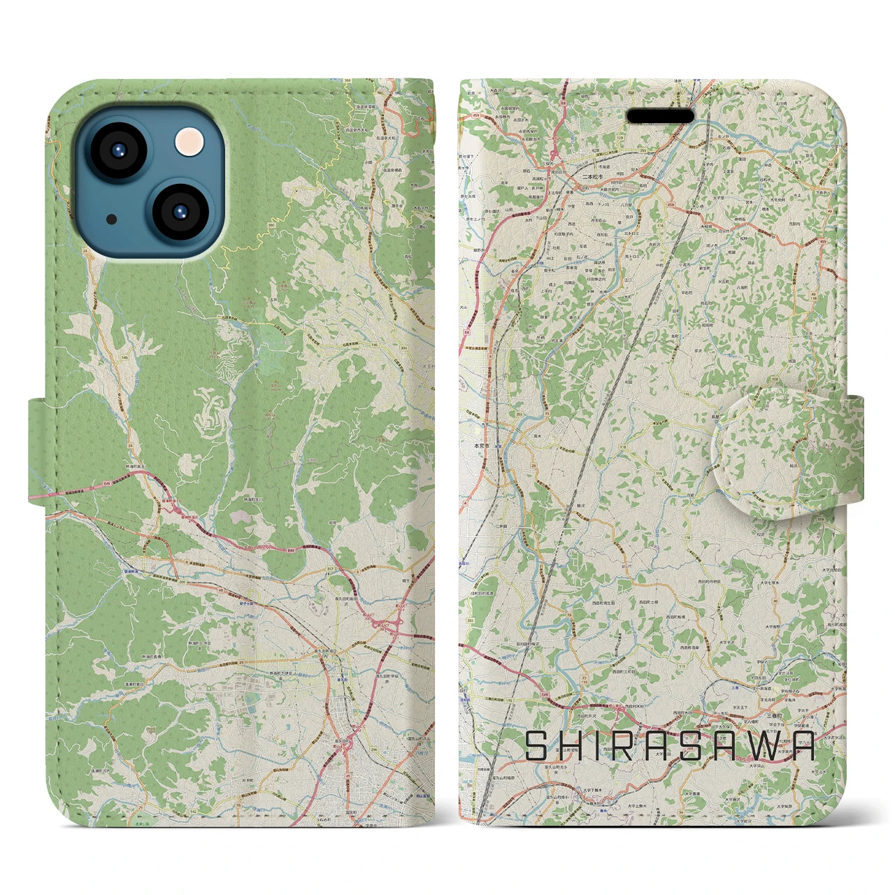 【白沢(福島県)】地図柄iPhoneケース(手帳タイプ)ナチュラル・iPhone 13 用