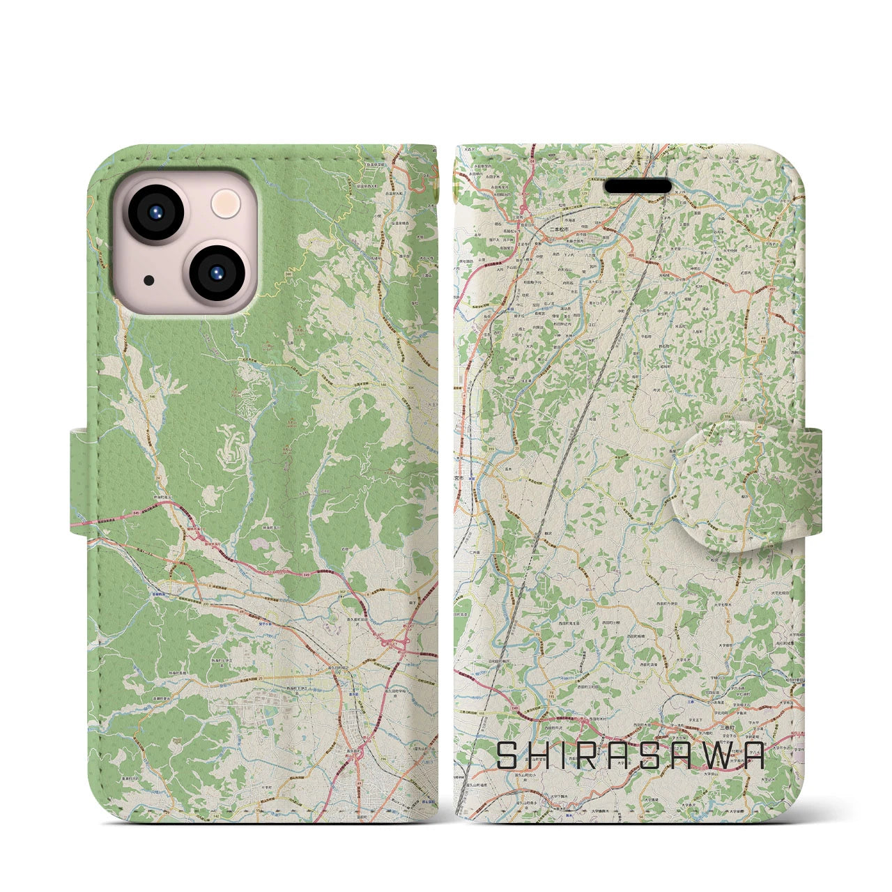 【白沢(福島県)】地図柄iPhoneケース(手帳タイプ)ナチュラル・iPhone 13 mini 用