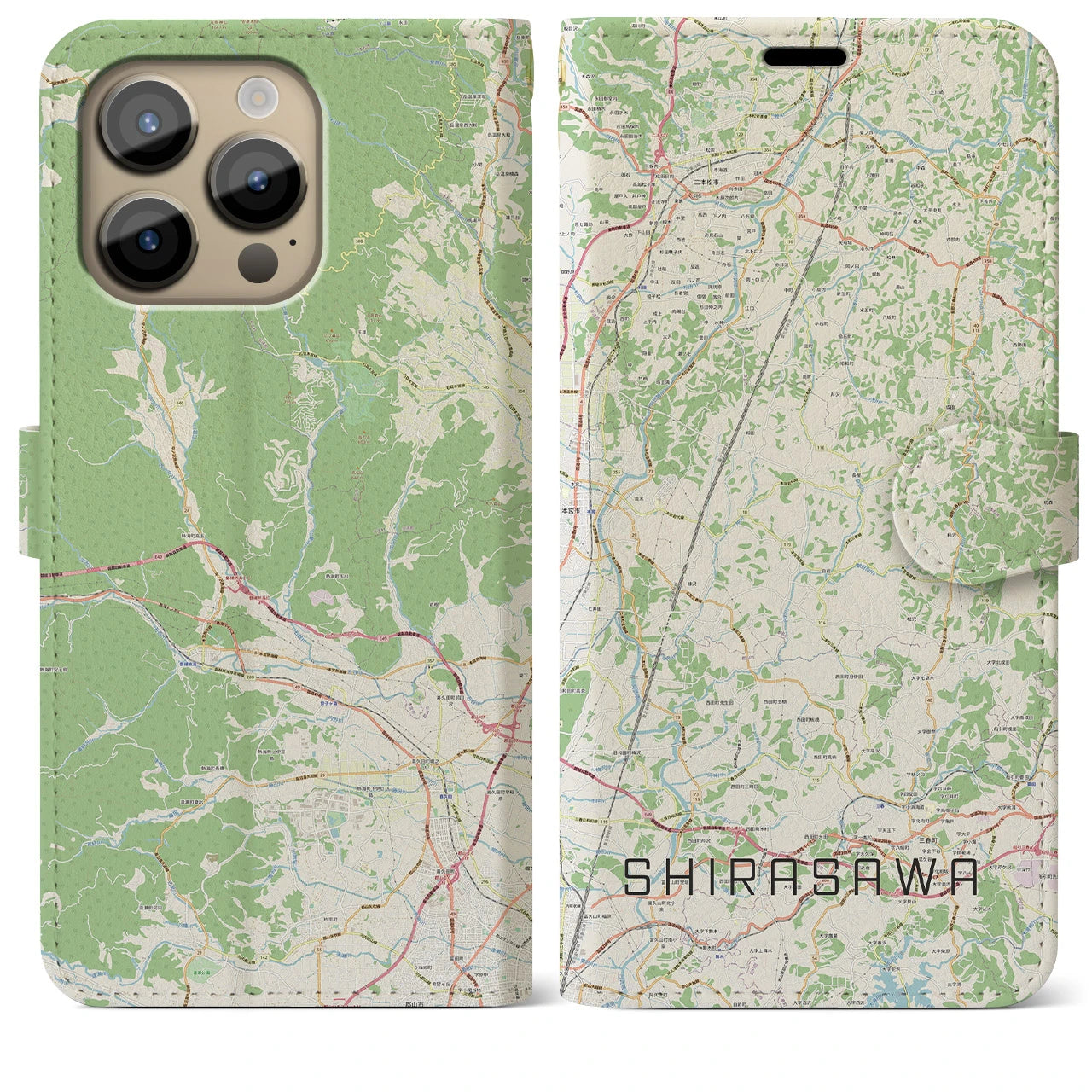 【白沢(福島県)】地図柄iPhoneケース(手帳タイプ)ナチュラル・iPhone 14 Pro Max 用
