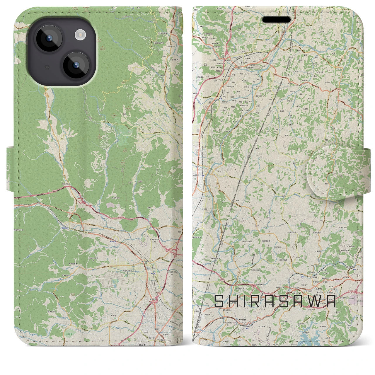 【白沢(福島県)】地図柄iPhoneケース(手帳タイプ)ナチュラル・iPhone 14 Plus 用