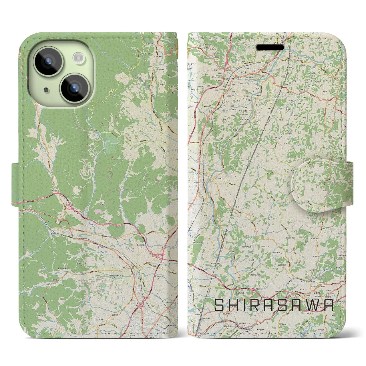 【白沢(福島県)】地図柄iPhoneケース(手帳タイプ)ナチュラル・iPhone 15 用