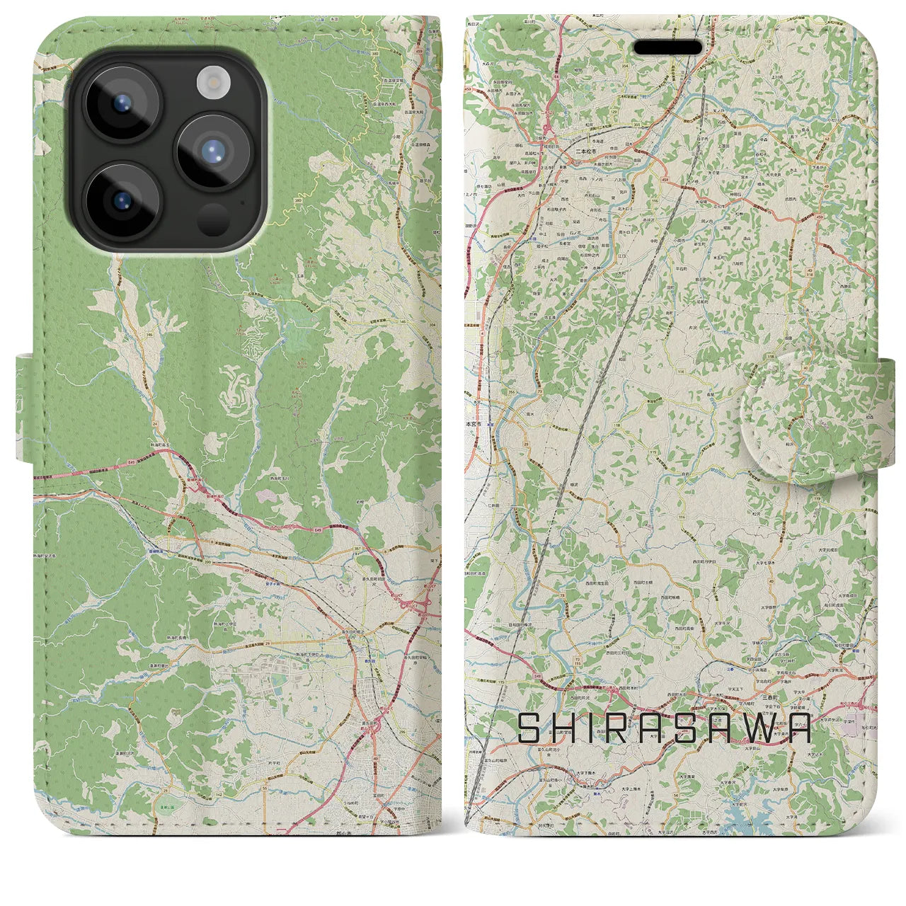 【白沢(福島県)】地図柄iPhoneケース(手帳タイプ)ナチュラル・iPhone 15 Pro Max 用