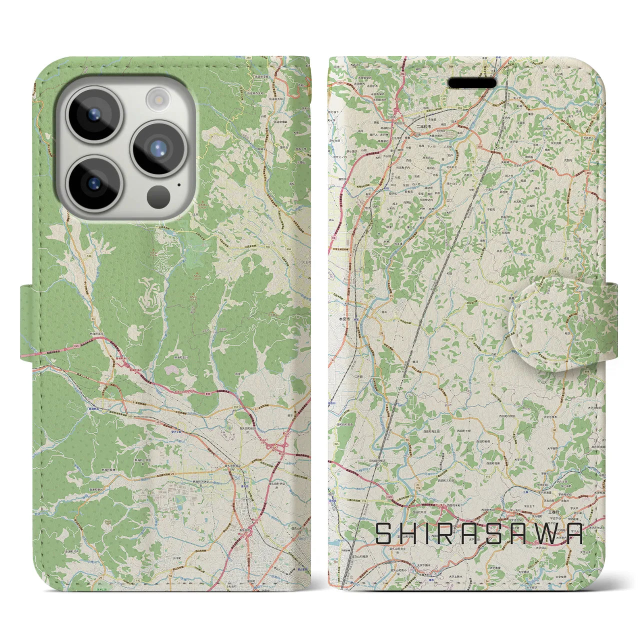 【白沢(福島県)】地図柄iPhoneケース(手帳タイプ)ナチュラル・iPhone 15 Pro 用