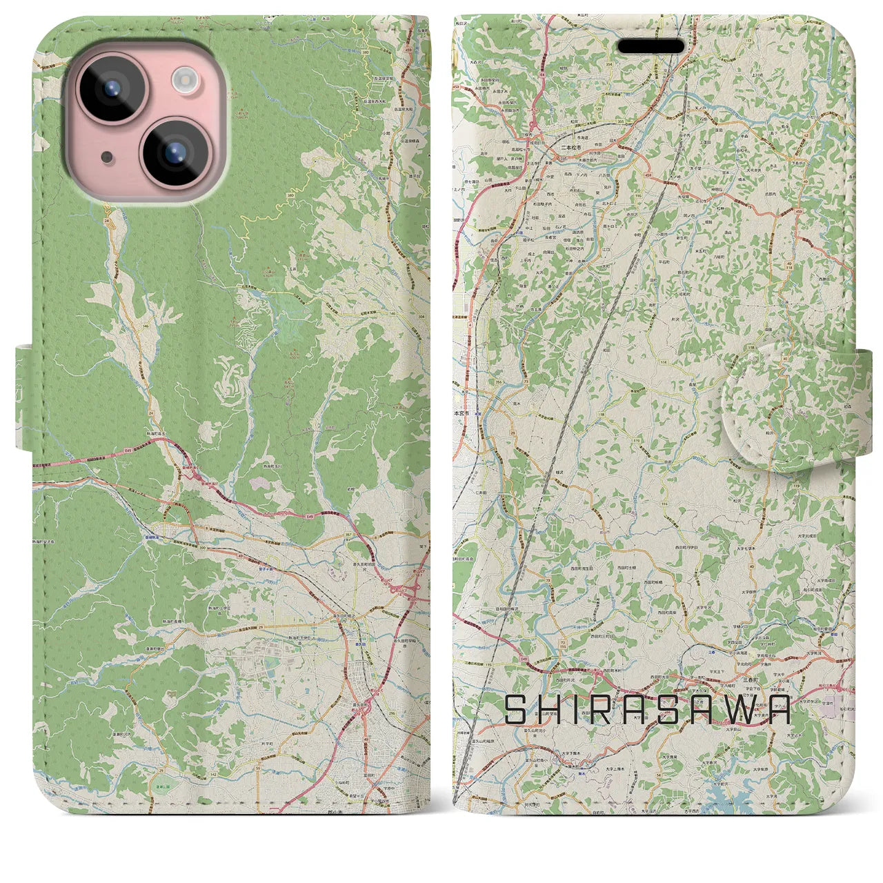 【白沢(福島県)】地図柄iPhoneケース(手帳タイプ)ナチュラル・iPhone 15 Plus 用