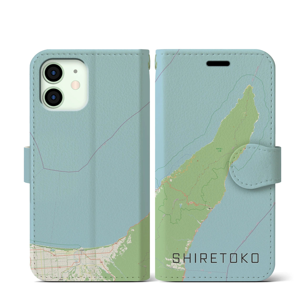 【知床(北海道)】地図柄iPhoneケース(手帳タイプ)ナチュラル・iPhone 12 mini 用