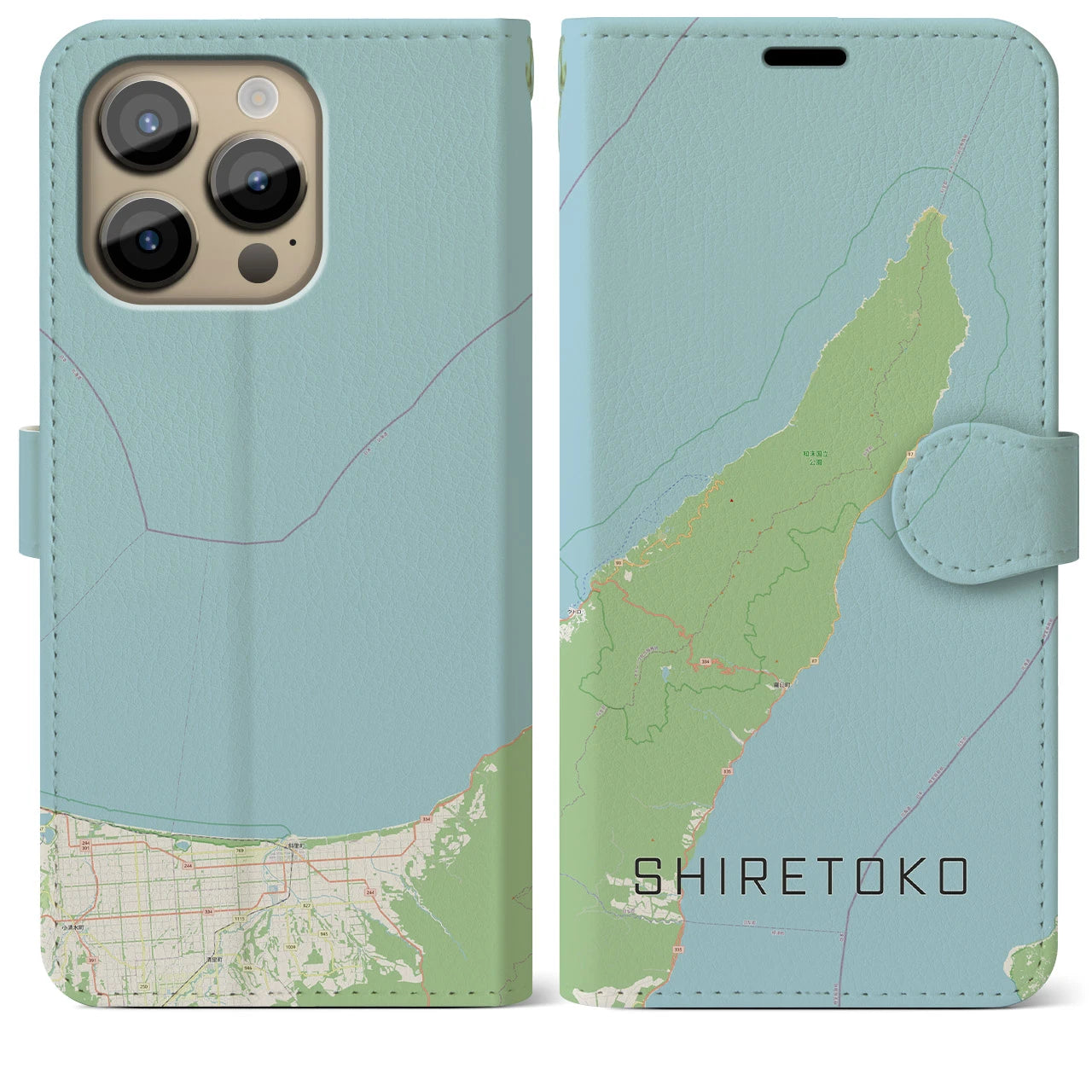 【知床(北海道)】地図柄iPhoneケース(手帳タイプ)ナチュラル・iPhone 14 Pro Max 用