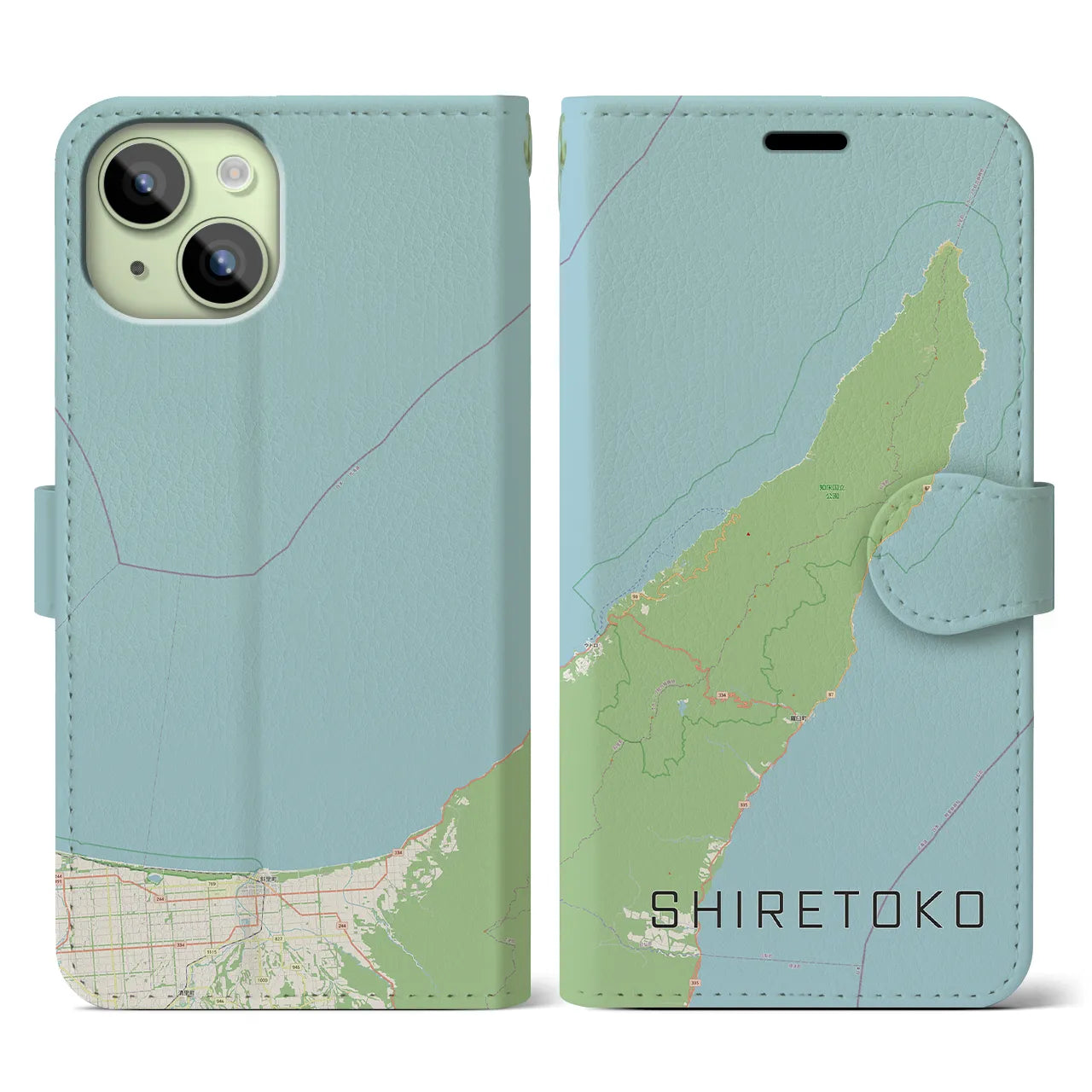 【知床(北海道)】地図柄iPhoneケース(手帳タイプ)ナチュラル・iPhone 15 用