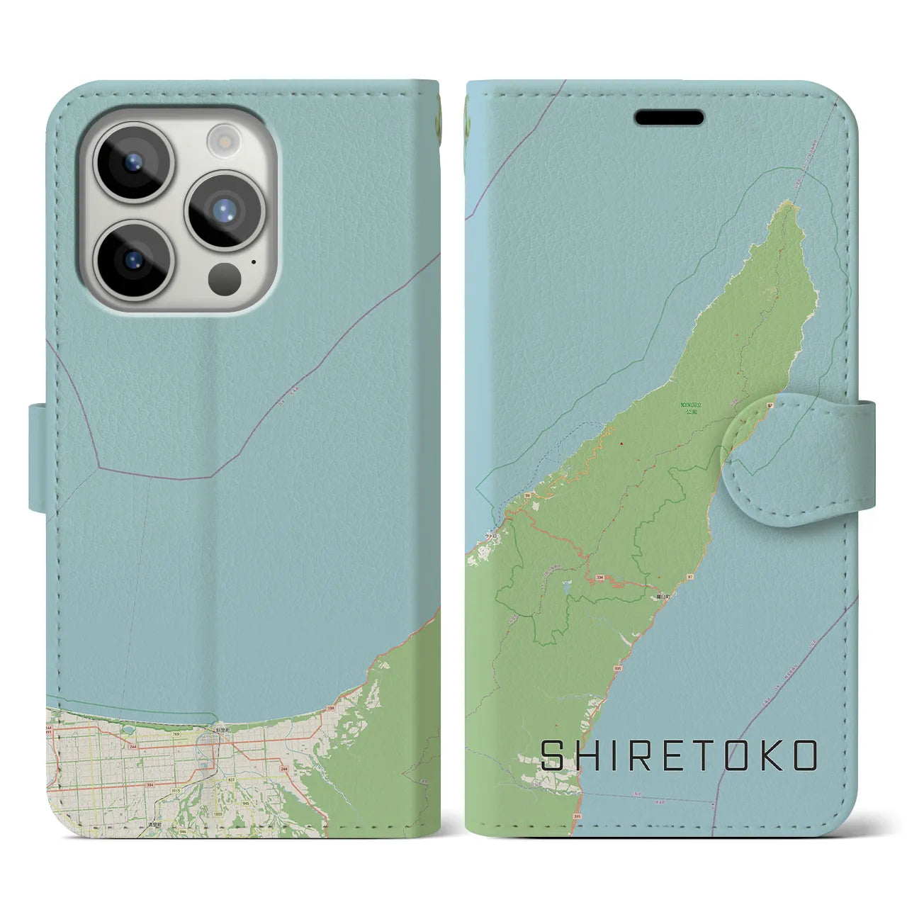 【知床(北海道)】地図柄iPhoneケース(手帳タイプ)ナチュラル・iPhone 15 Pro 用