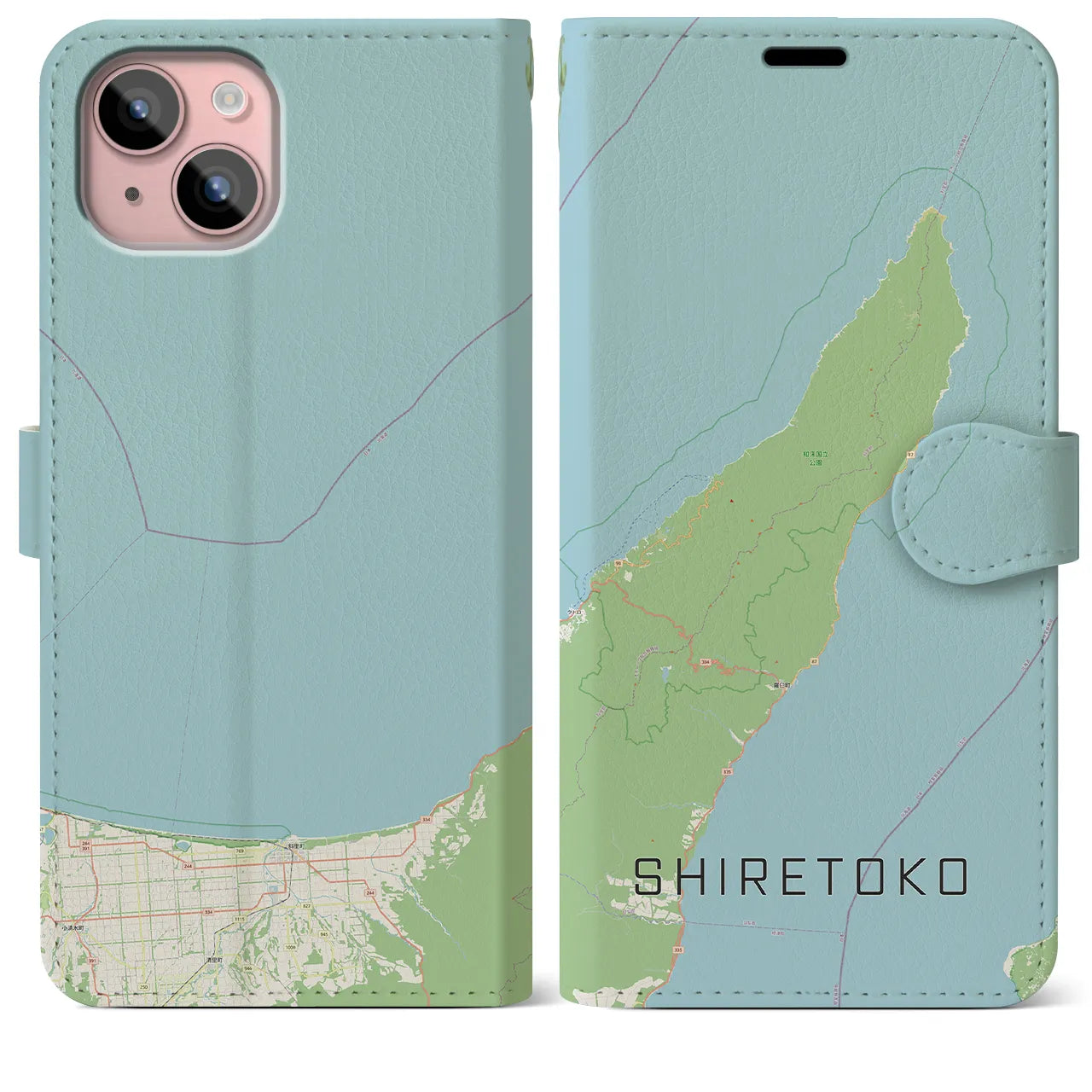 【知床(北海道)】地図柄iPhoneケース(手帳タイプ)ナチュラル・iPhone 15 Plus 用