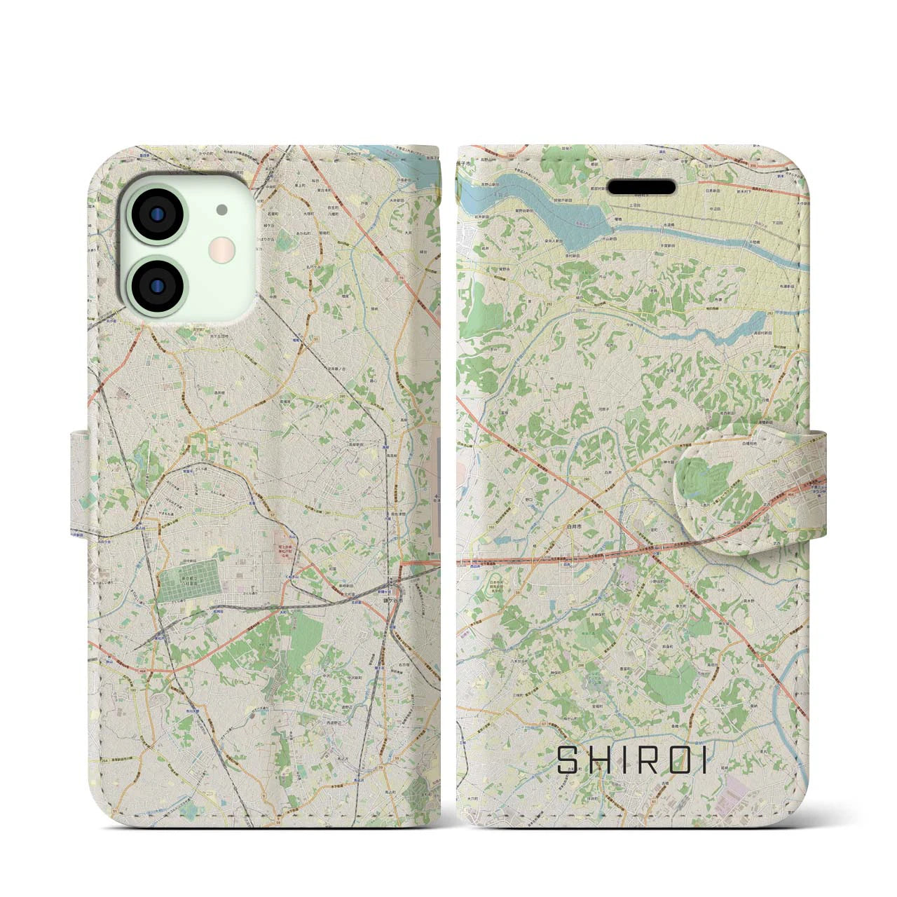 【白井(千葉県)】地図柄iPhoneケース(手帳タイプ)ナチュラル・iPhone 12 mini 用