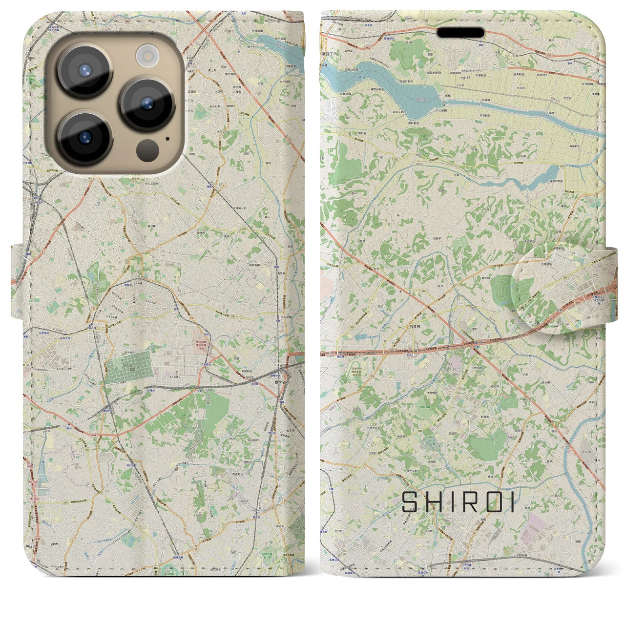 【白井(千葉県)】地図柄iPhoneケース(手帳タイプ)ナチュラル・iPhone 14 Pro Max 用