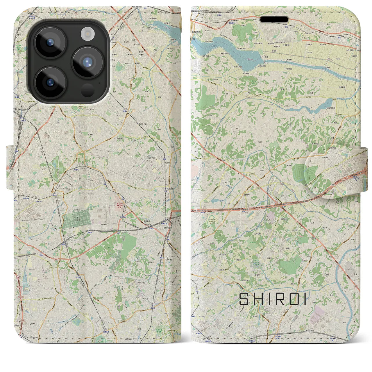 【白井(千葉県)】地図柄iPhoneケース(手帳タイプ)ナチュラル・iPhone 15 Pro Max 用