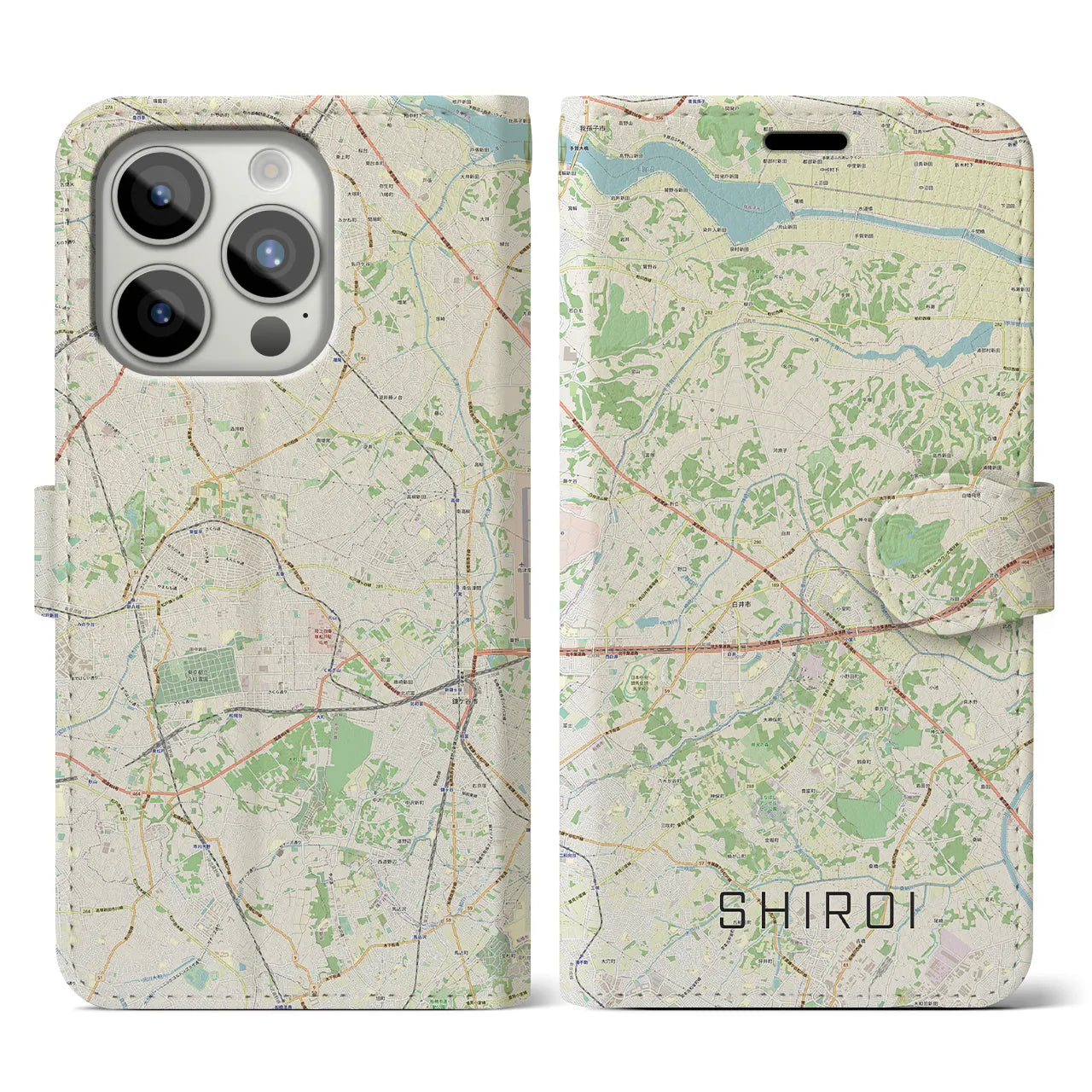 【白井(千葉県)】地図柄iPhoneケース(手帳タイプ)ナチュラル・iPhone 15 Pro 用