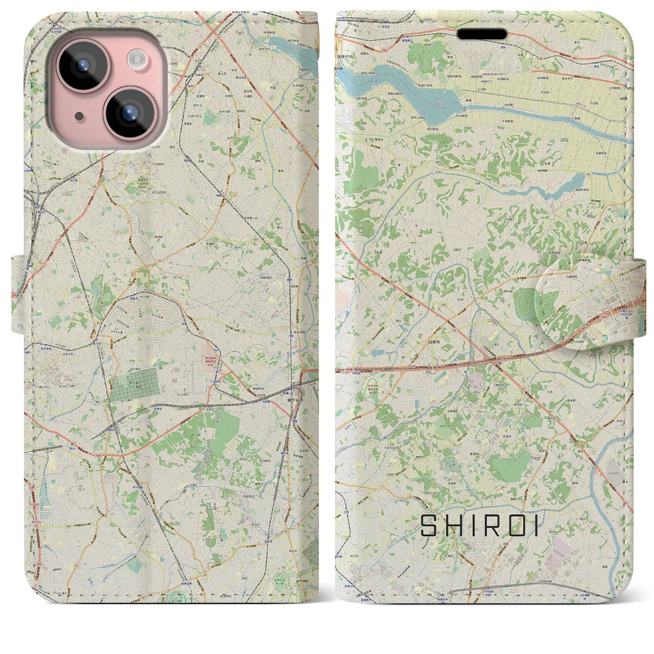 【白井(千葉県)】地図柄iPhoneケース(手帳タイプ)ナチュラル・iPhone 15 Plus 用