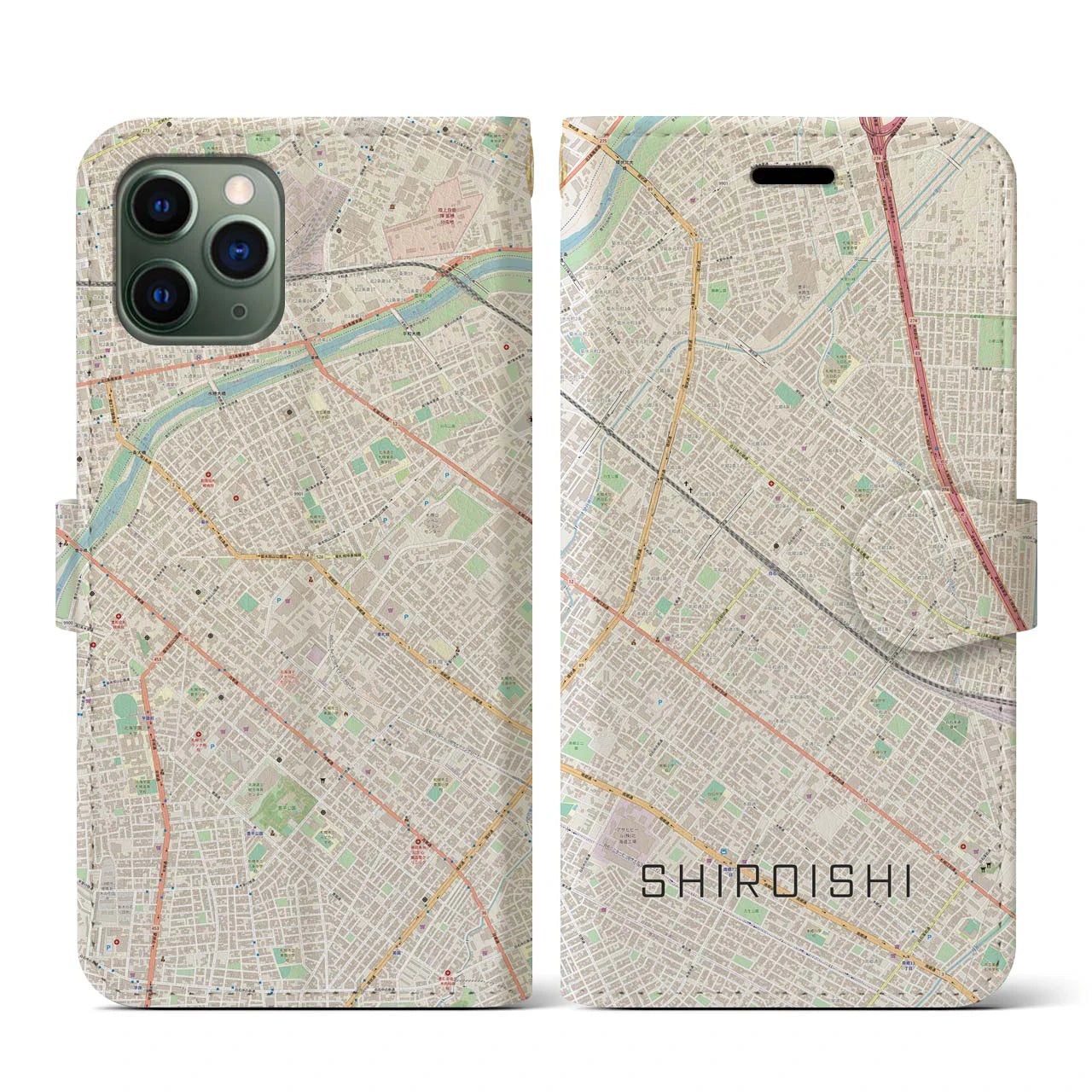 【白石(北海道)】地図柄iPhoneケース(手帳タイプ)ナチュラル・iPhone 11 Pro 用
