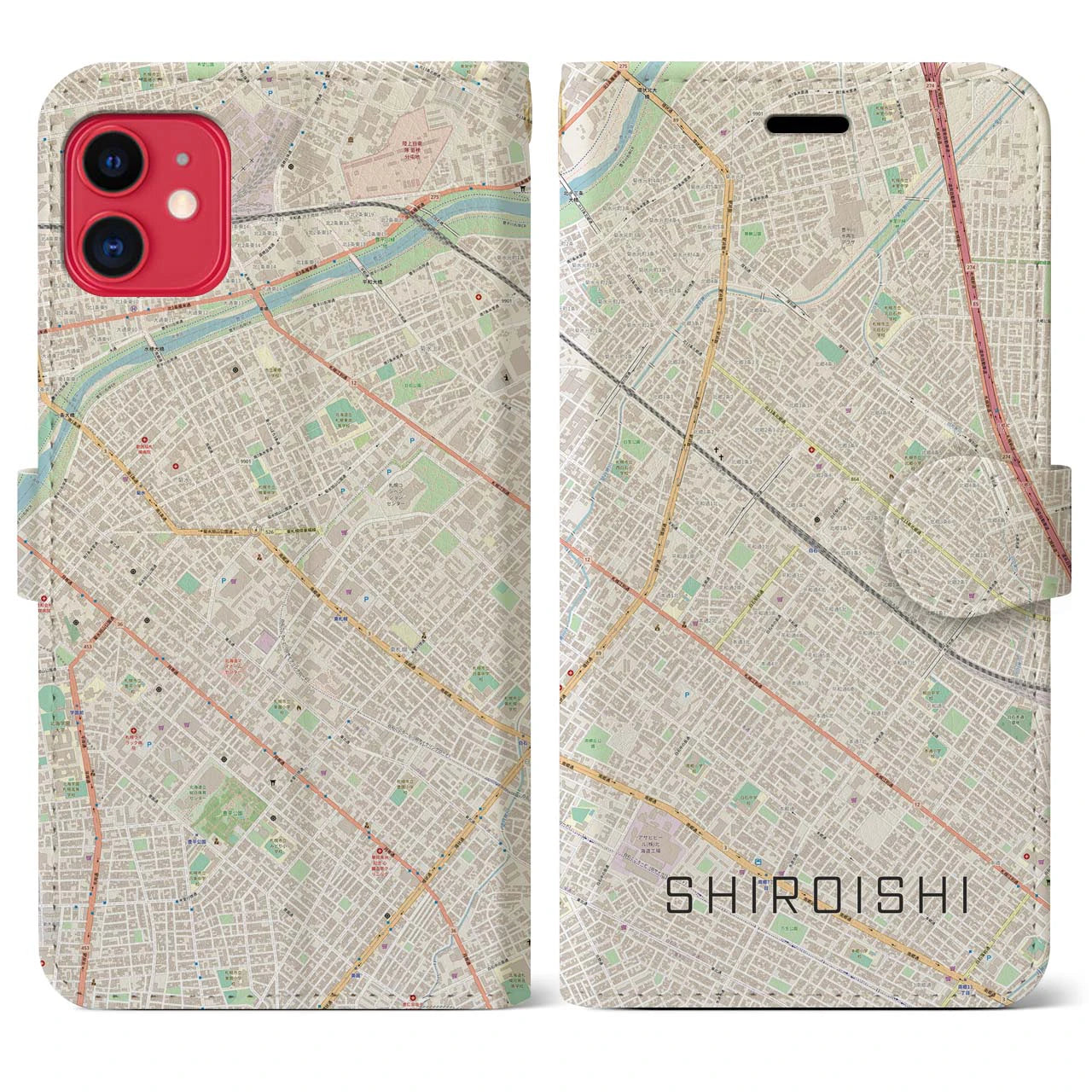 【白石(北海道)】地図柄iPhoneケース(手帳タイプ)ナチュラル・iPhone 11 用