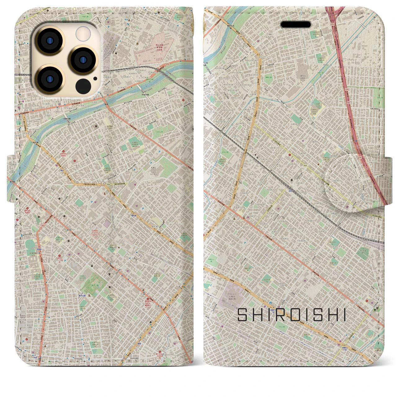 【白石(北海道)】地図柄iPhoneケース(手帳タイプ)ナチュラル・iPhone 12 Pro Max 用