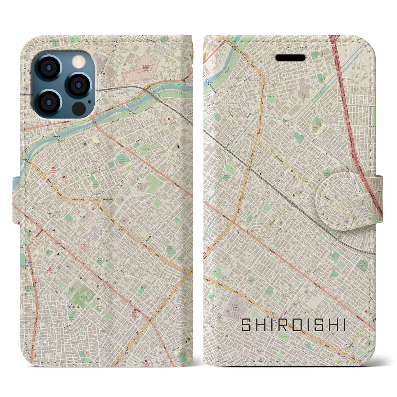 【白石(北海道)】地図柄iPhoneケース(手帳タイプ)ナチュラル・iPhone 12 / 12 Pro 用