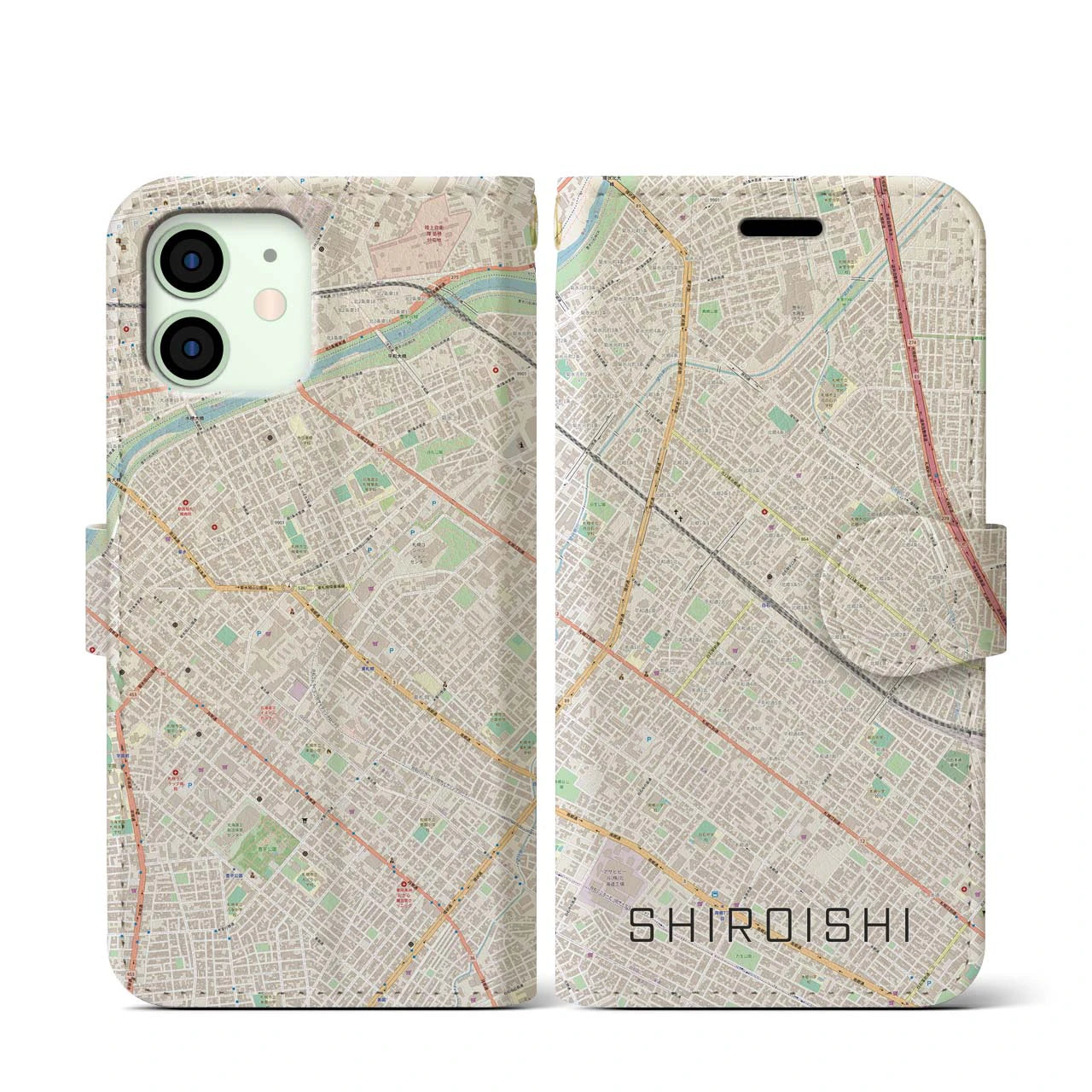 【白石(北海道)】地図柄iPhoneケース(手帳タイプ)ナチュラル・iPhone 12 mini 用