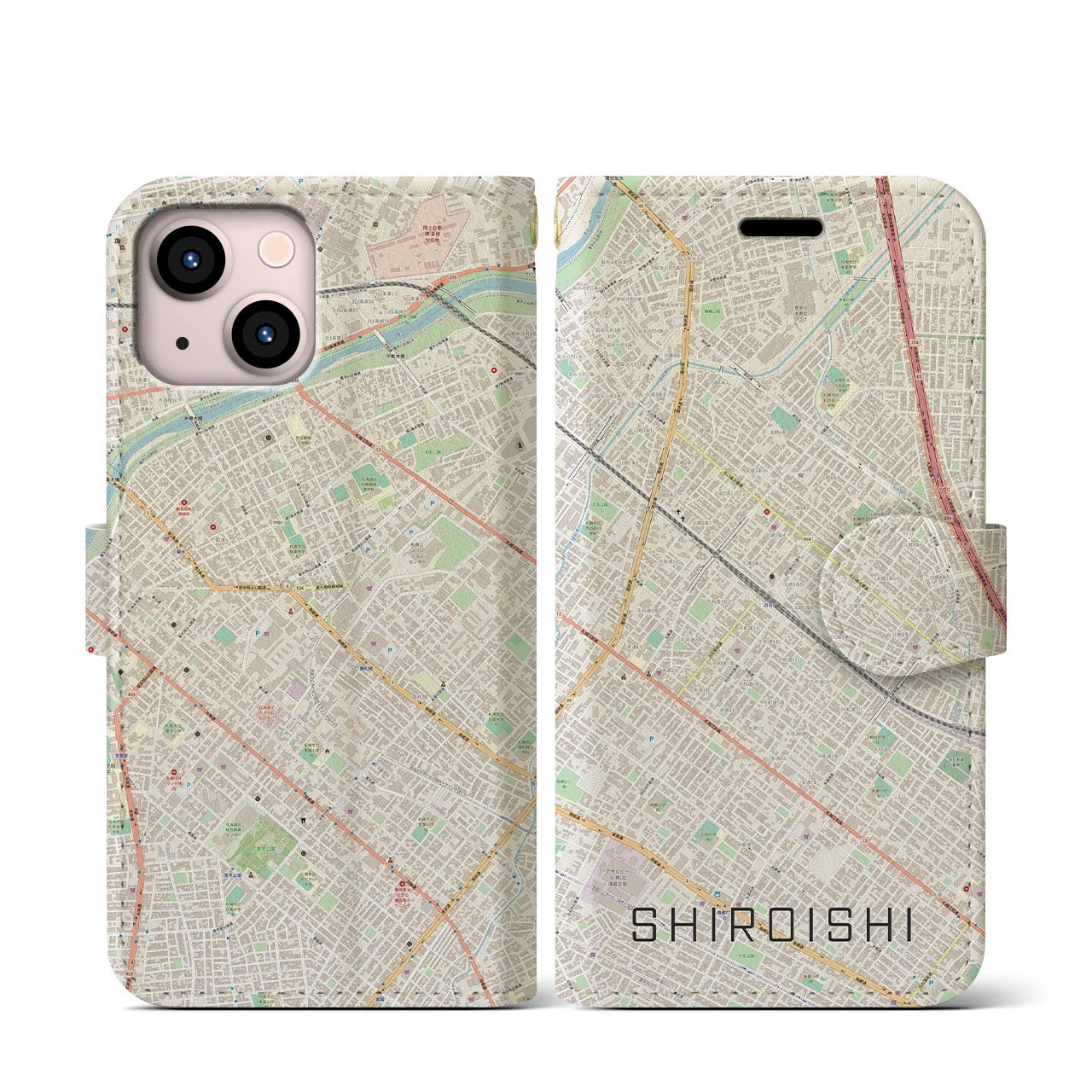 【白石(北海道)】地図柄iPhoneケース(手帳タイプ)ナチュラル・iPhone 13 mini 用