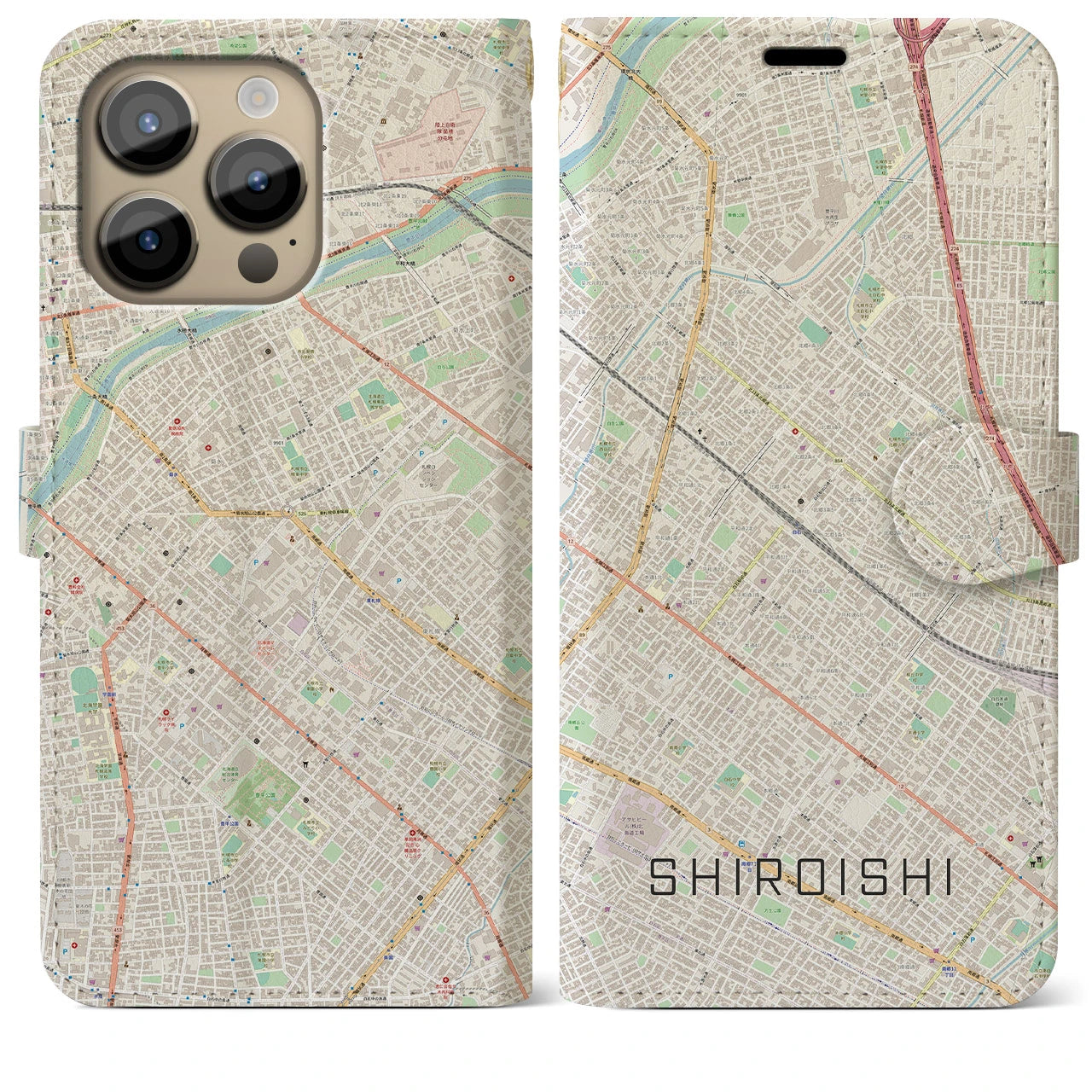 【白石(北海道)】地図柄iPhoneケース(手帳タイプ)ナチュラル・iPhone 14 Pro Max 用