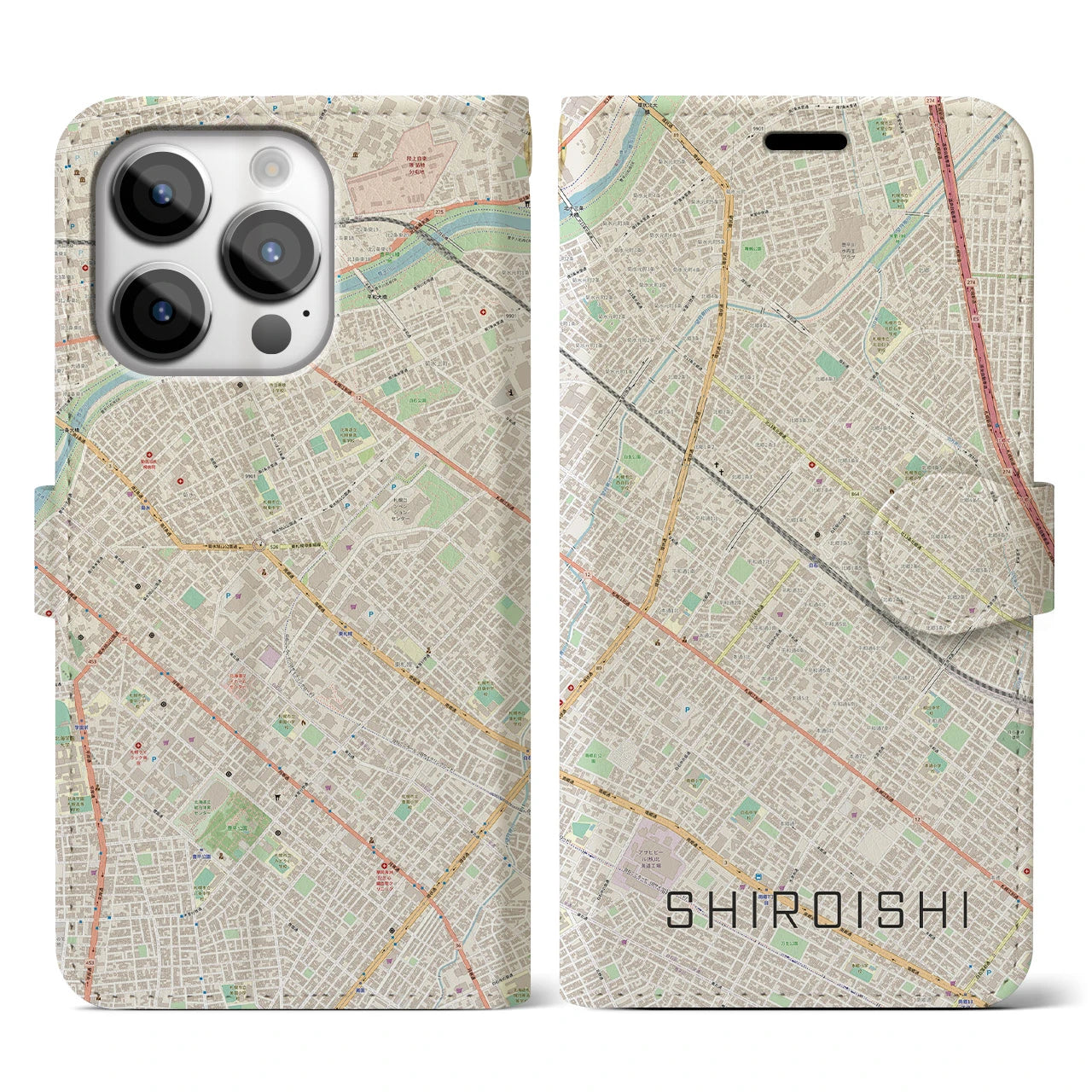 【白石(北海道)】地図柄iPhoneケース(手帳タイプ)ナチュラル・iPhone 14 Pro 用