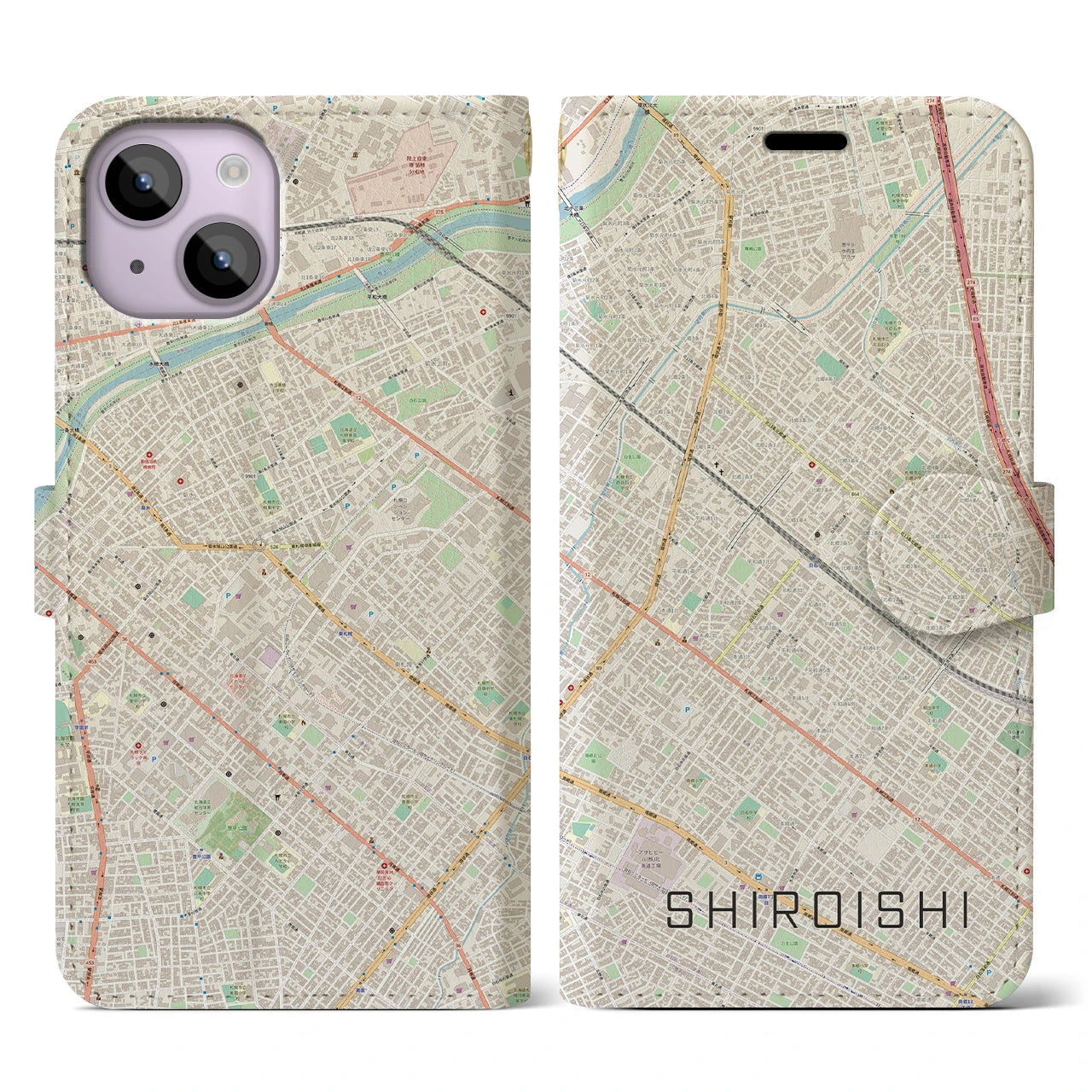 【白石(北海道)】地図柄iPhoneケース(手帳タイプ)ナチュラル・iPhone 14 用